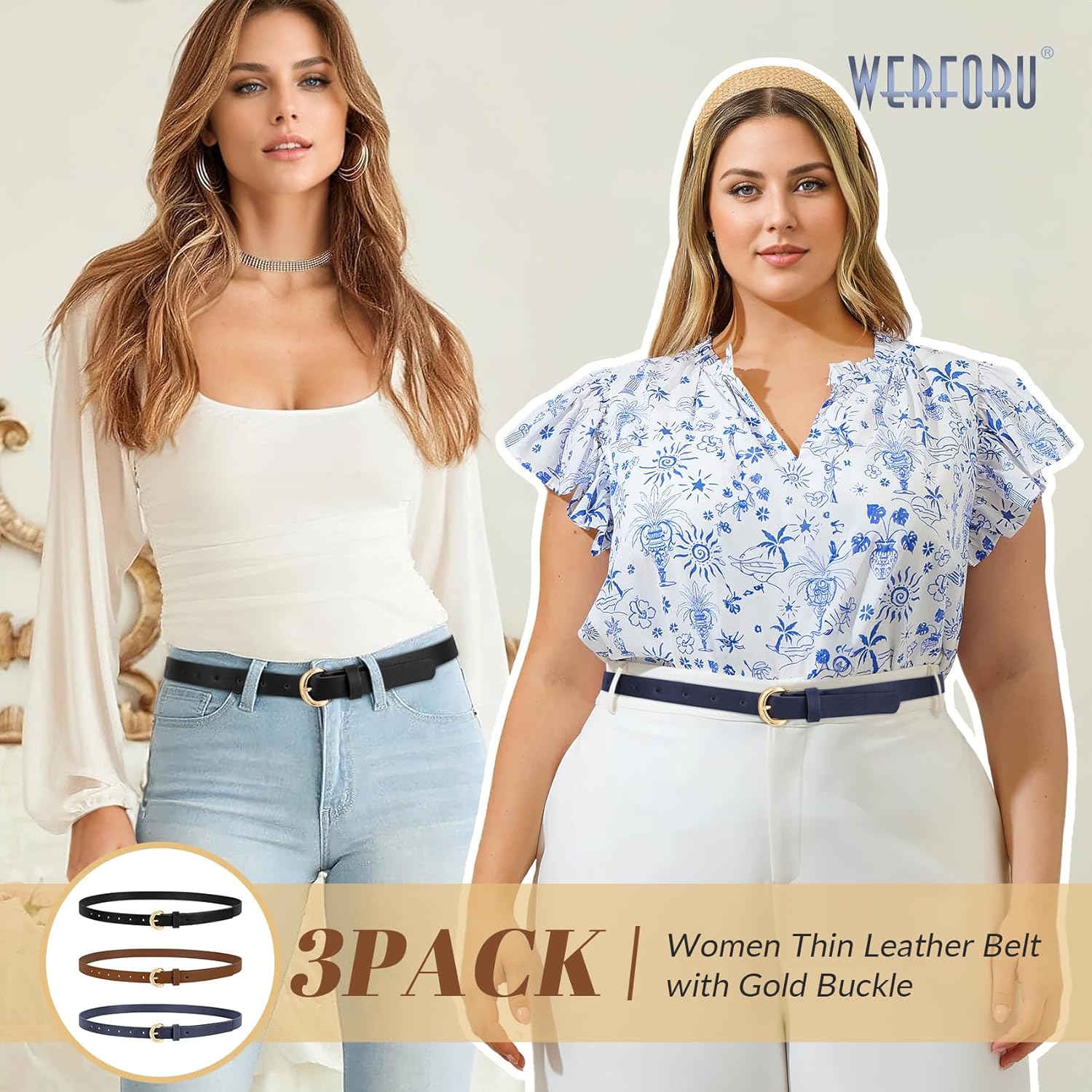 WERFORU 3 Pack Women Skinny Belt Thin Waist Belt for Women Leather Belt with Gold Buckle for Jeans Pants Dress 0.74" Width - Image 3