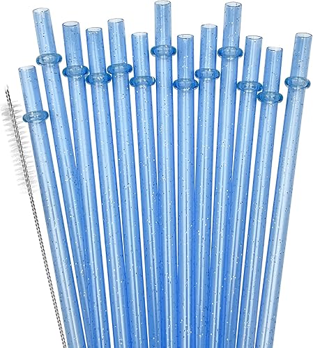 Miniatura 1 de Paquete de 12 pajitas de plástico reutilizables con purpurina, vaso duro de 11 pulgadas de largo con cepillo de limpieza, apto para lavavajillas