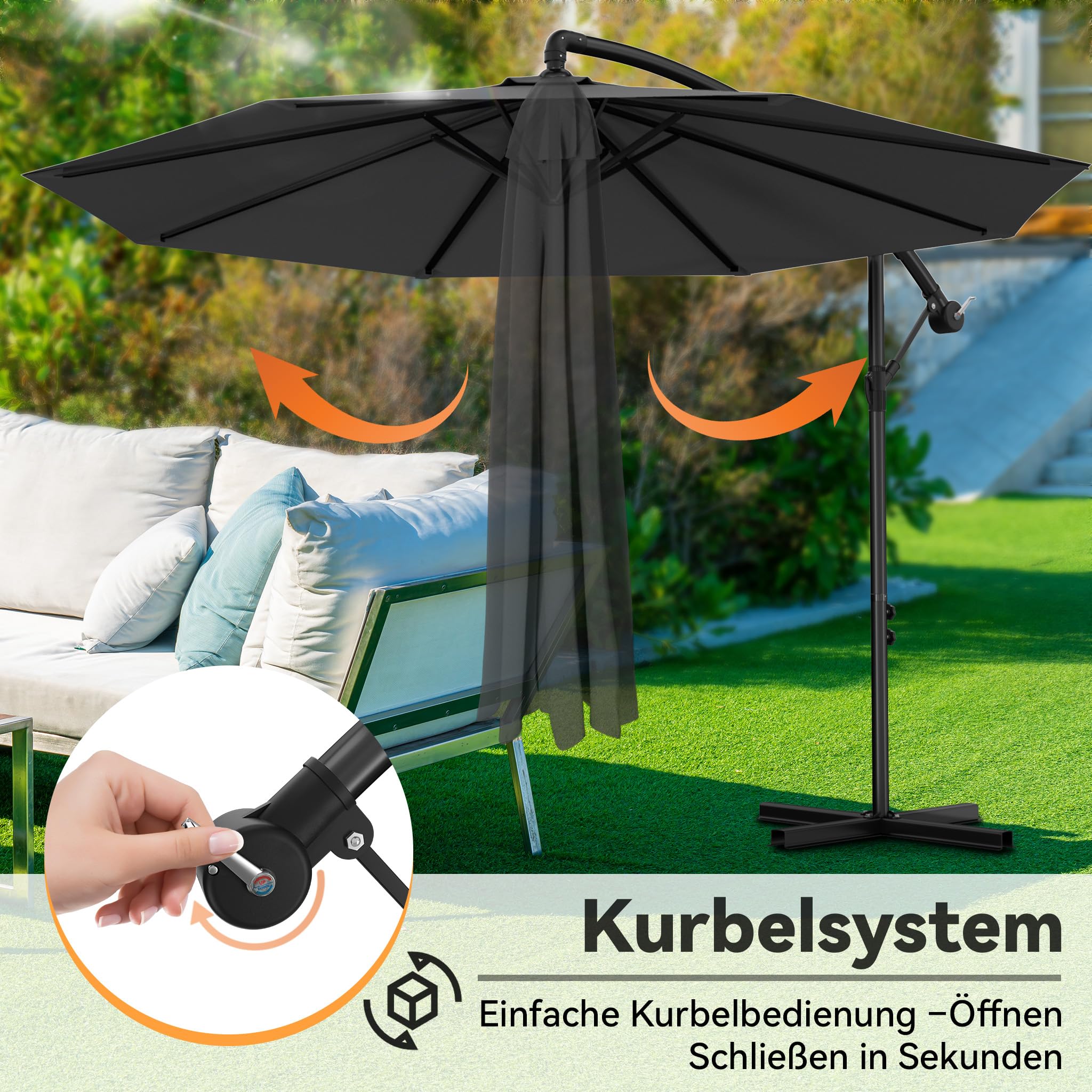 Froadp Ampelschirme mit Kurbel Alu Sonnenschirme Höhenverstellbar Balkonschirm UV40+ Sonnenschutz Windfest Gartenschrime Wasserdichte Marktschirm