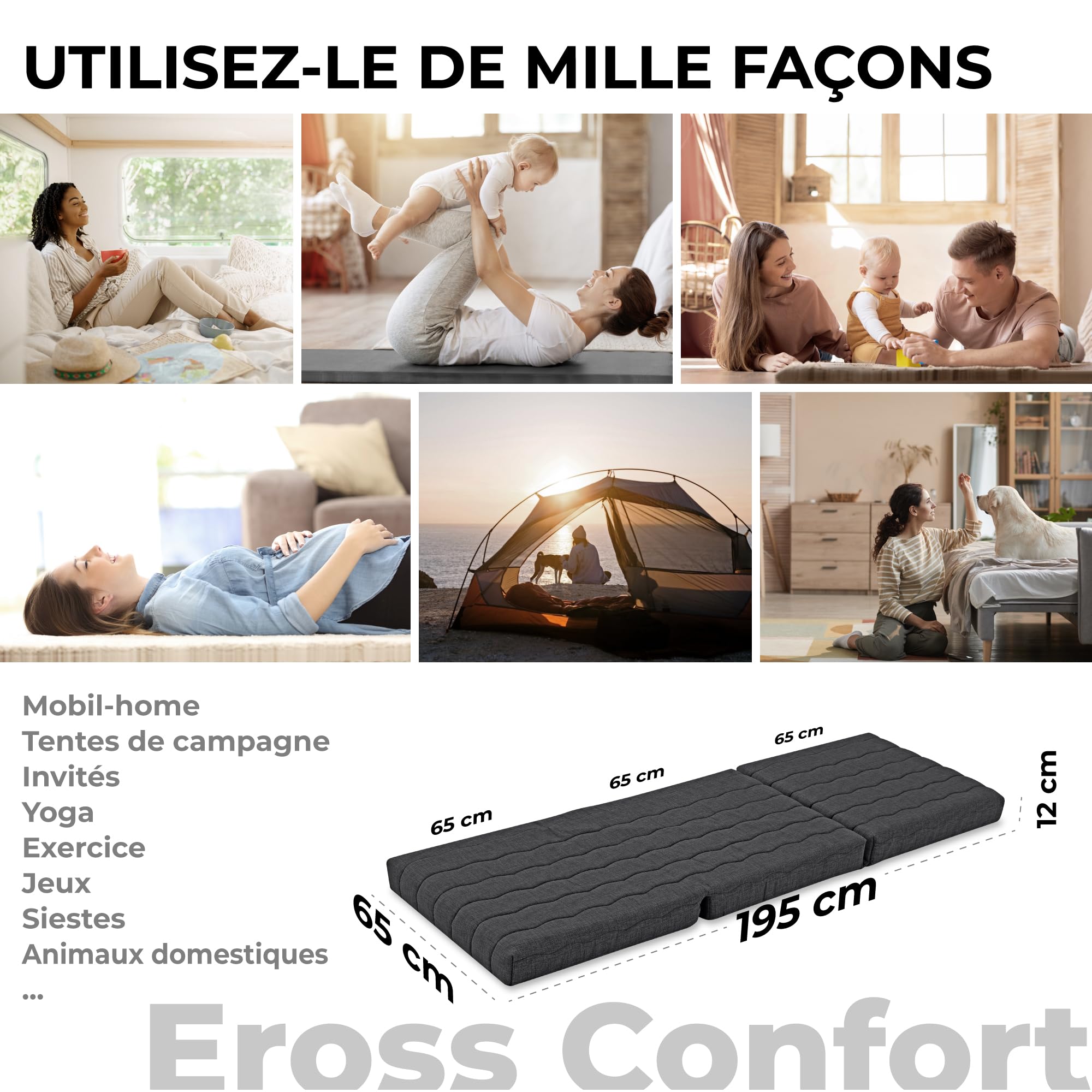 Matelas Pliable pour Camping-Car, Mousse HD + 2 cm viscoélastique, Matelas Pliable pour invités, Respirant, Housse déhoussable, Hauteur 12 cm