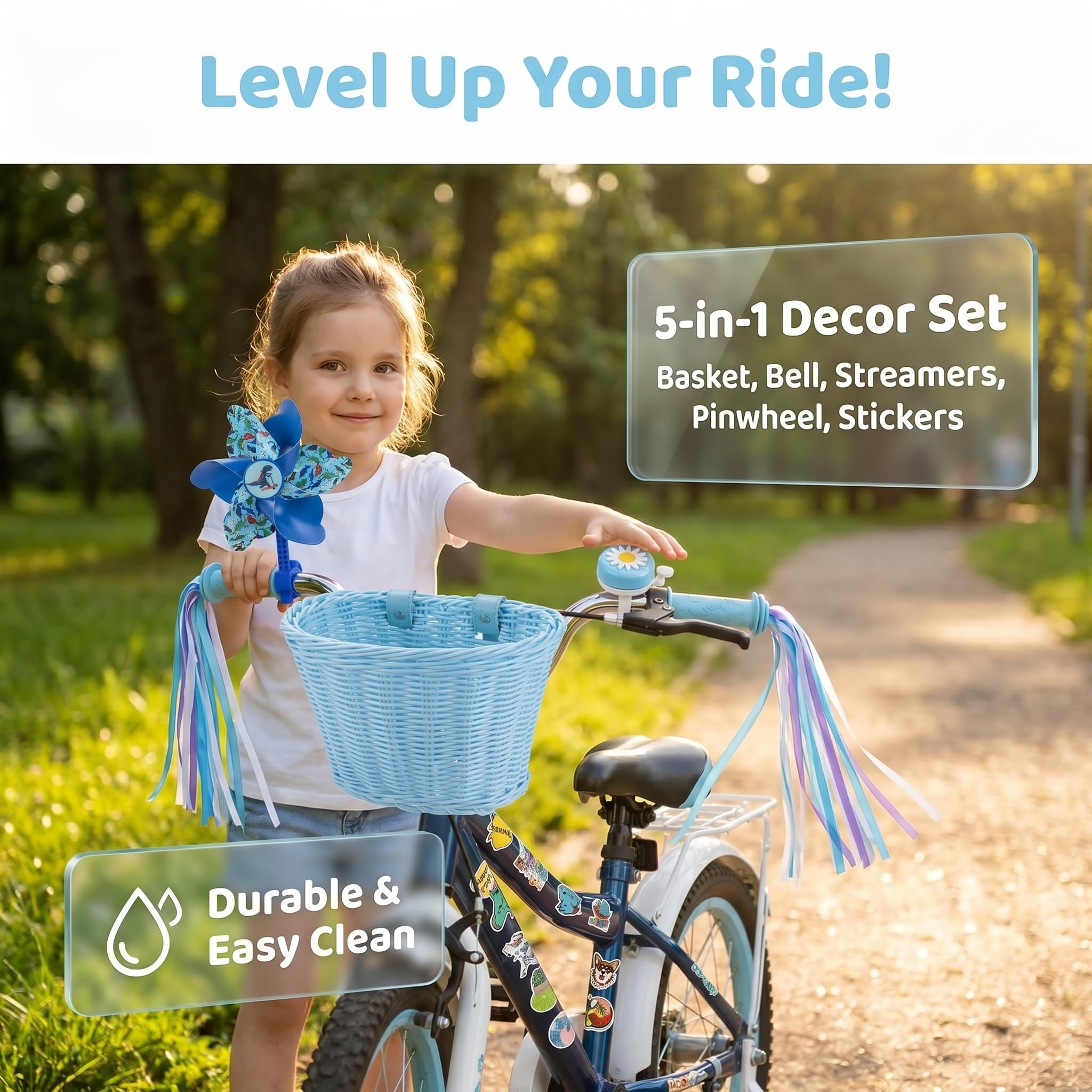 Panier de vélo avant pour enfants, accessoires de vélo pour filles et garçons, panier de vélo tissé avec autocollants, sonnette de vélo, moulin à vent et 1 paire de rubans colorés (panier bleu)
