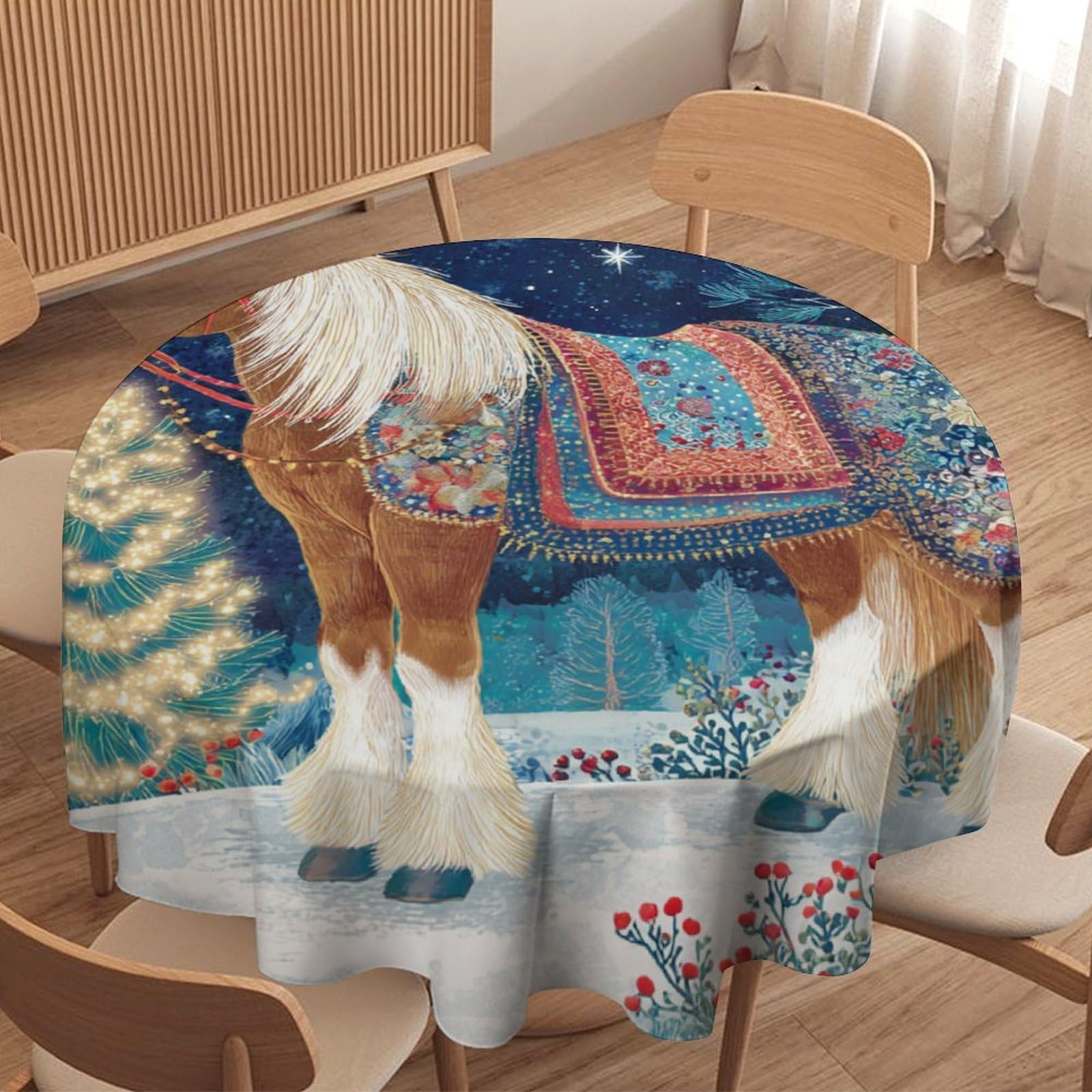 LUYYSKY Vintage Rustic Animal Horse Round Tablecloth Beautiful Galaxy Christmas Xmas Tree Cowboy Theme Wildlife Horse Washable Decor for Table Cover for Kitchen-127 Wx127 L cm