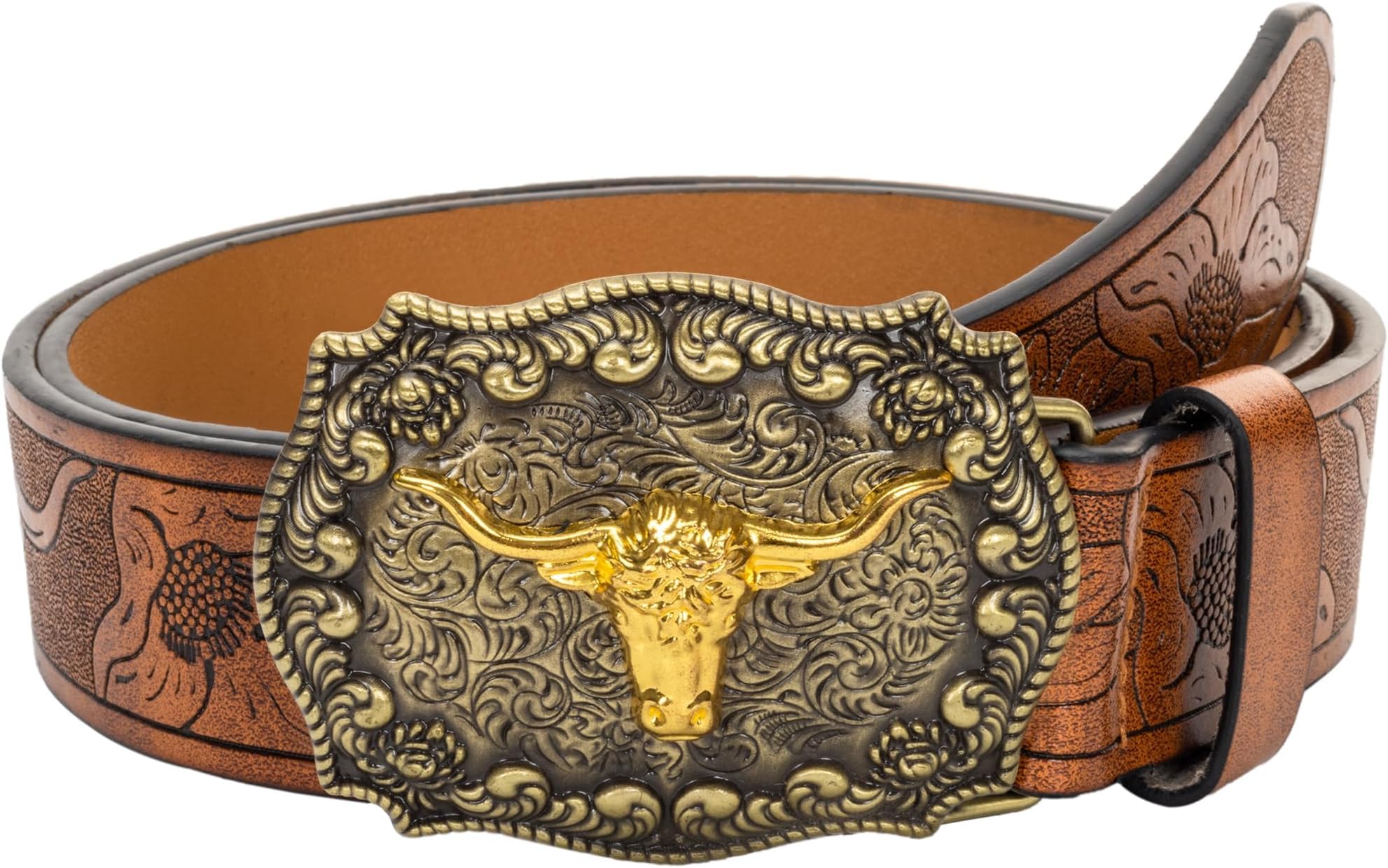 Men-Western-Cowboy-Leather-Buckle-Belts-with-Longhorn-Bull-Floral-Engraved-Belt-Buckle-for-Jeans 33" to 42" Waist