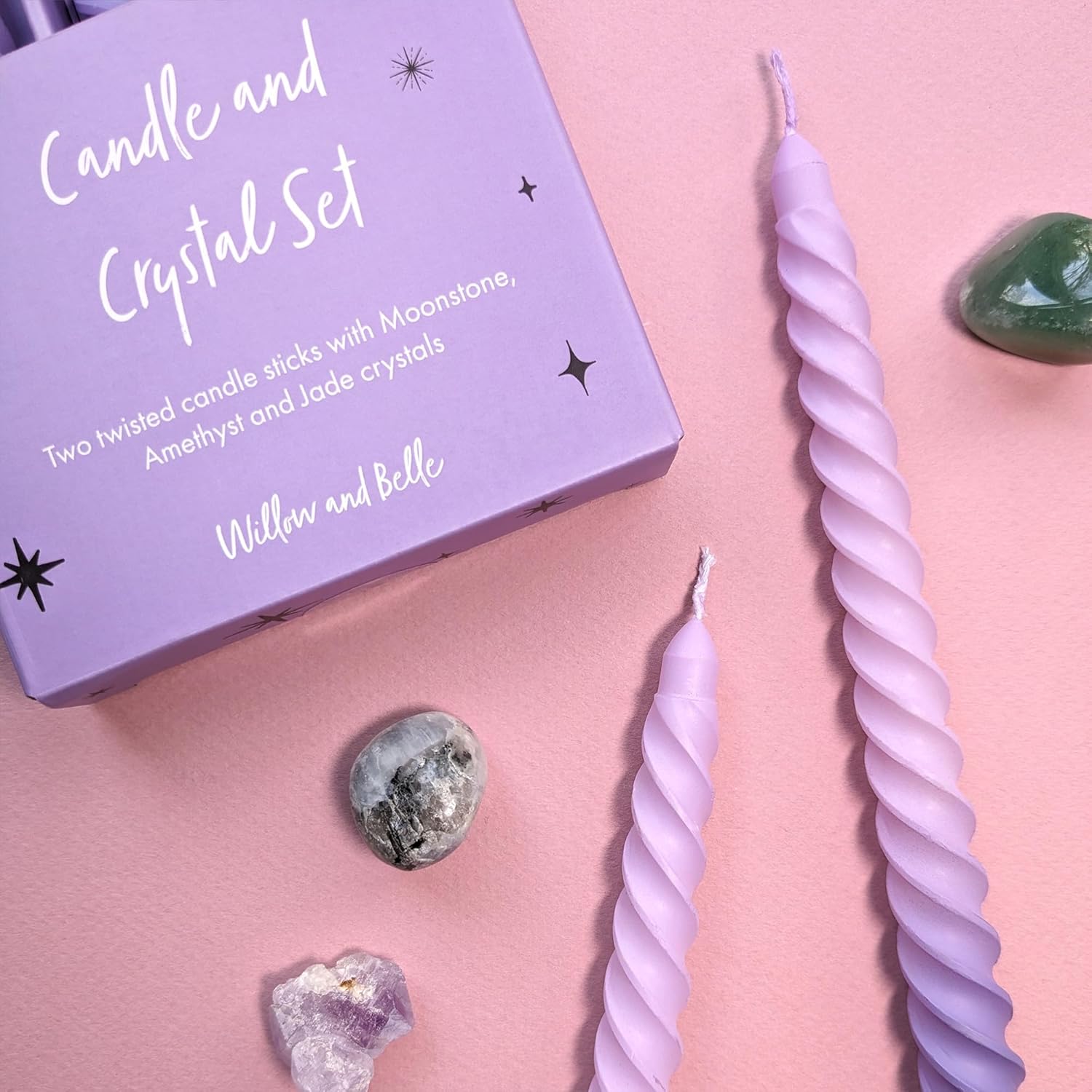 Purple Ombre Candle and Crystal Set - Includes Two Twisted Candles and Three Crystal Stones