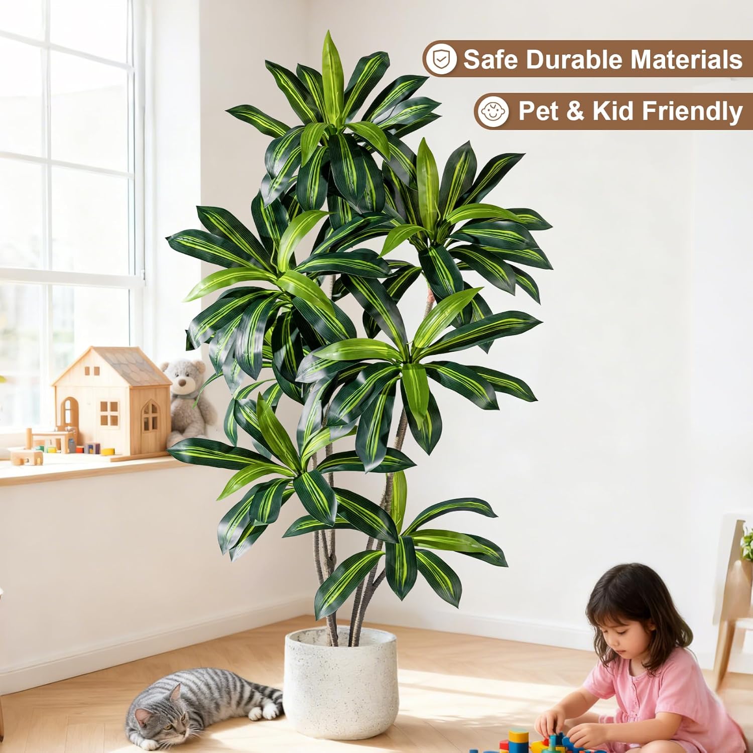 Erimda 6FT Artificial Dracaena Plant Dracaena Fragrans Artificial Tree, Realistic Faux Brazilian Iron Tree with Lifelike Foliage, Sturdy Base & Low Maintenance Fake Floor Plant for Modern Home Decor