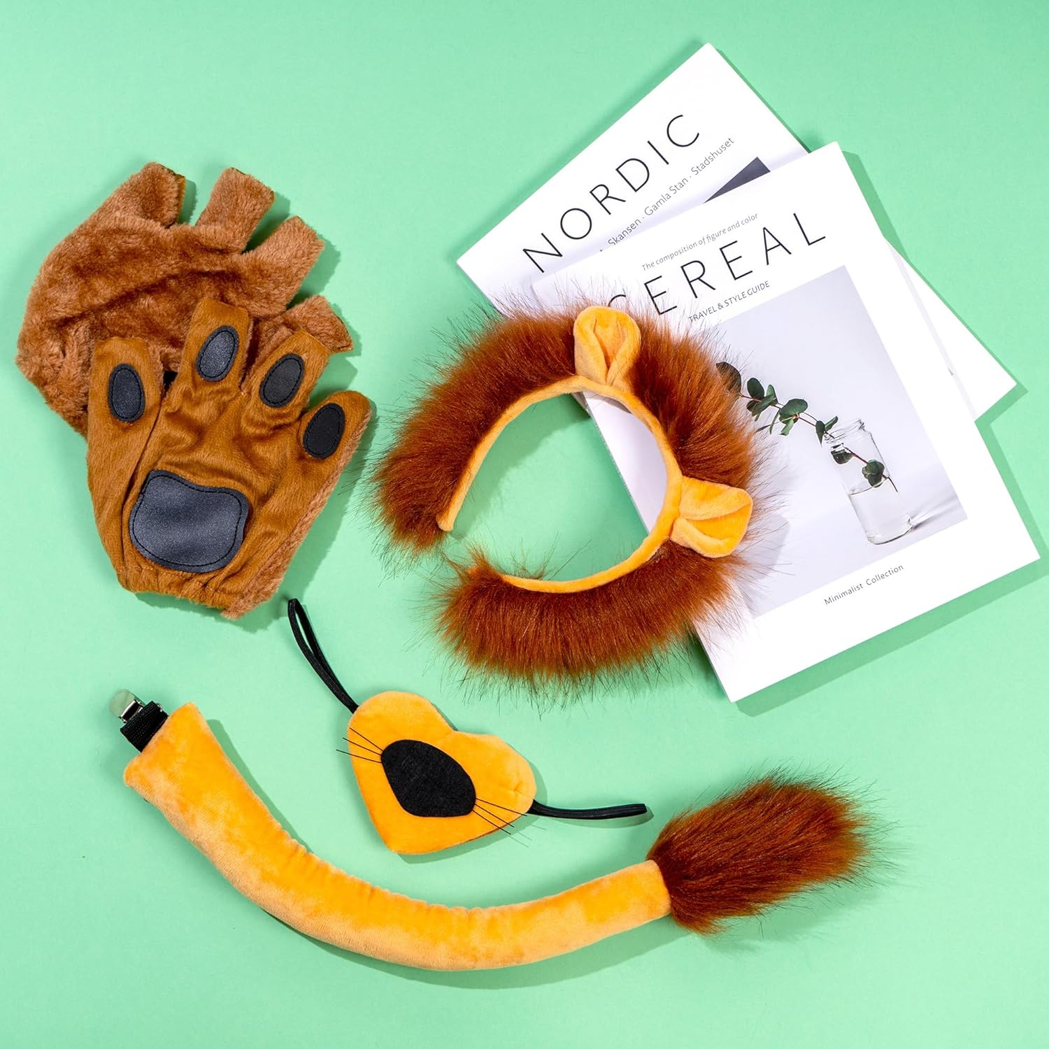 5 Pcs Lion Costume Set Lion Ears Headband Tail Paw Gloves Nose Halloween Lion Cosplay Party Dress Up Accessories - Image 4