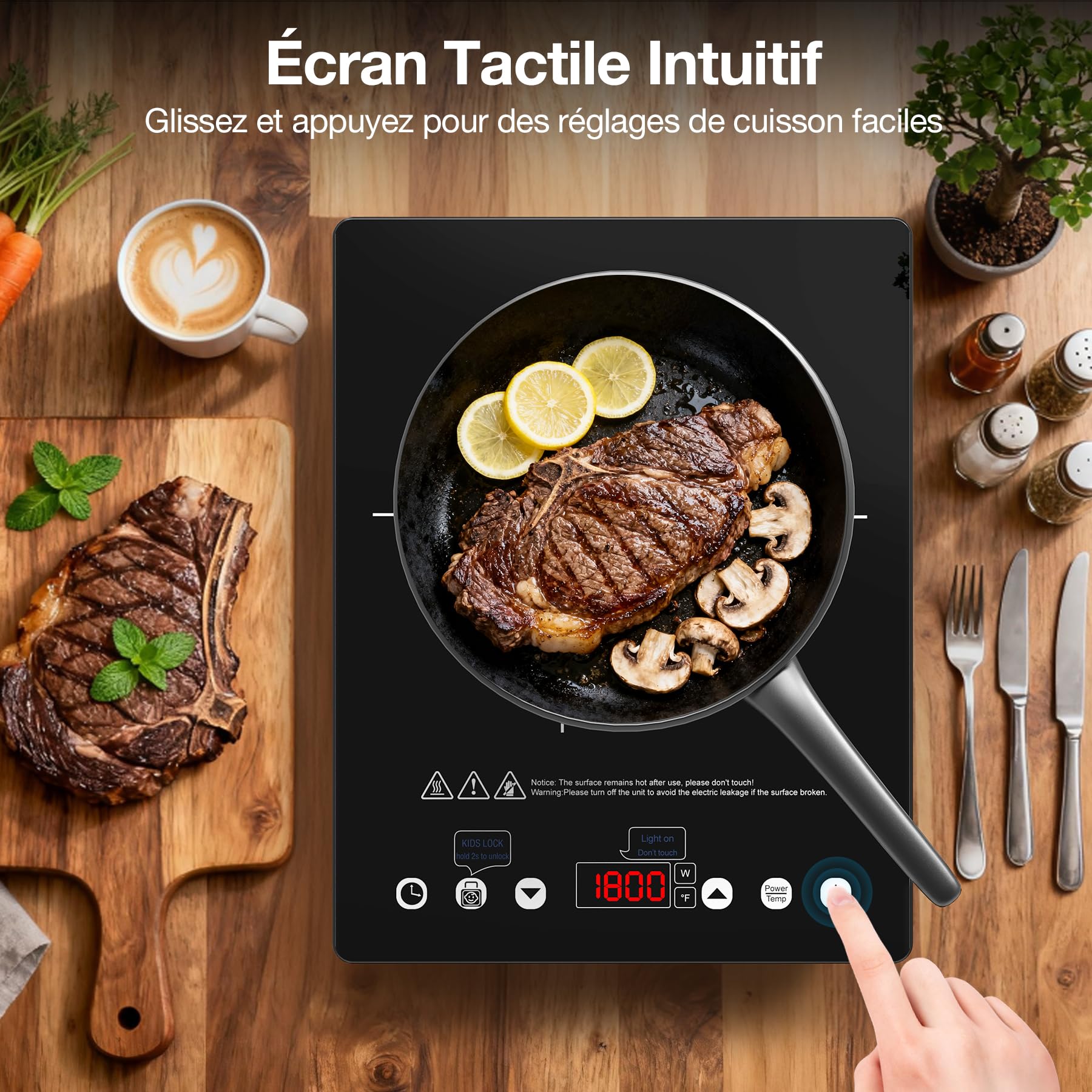 Plaque Vitrocéramique 1 Feu 2000W, Réchaud Électrique Portable avec Contrôle Tactile, 10 Niveaux, Compatible avec Toutes Casseroles, Plaque de Cuisson pour Camping-Car, Studio et Voyage