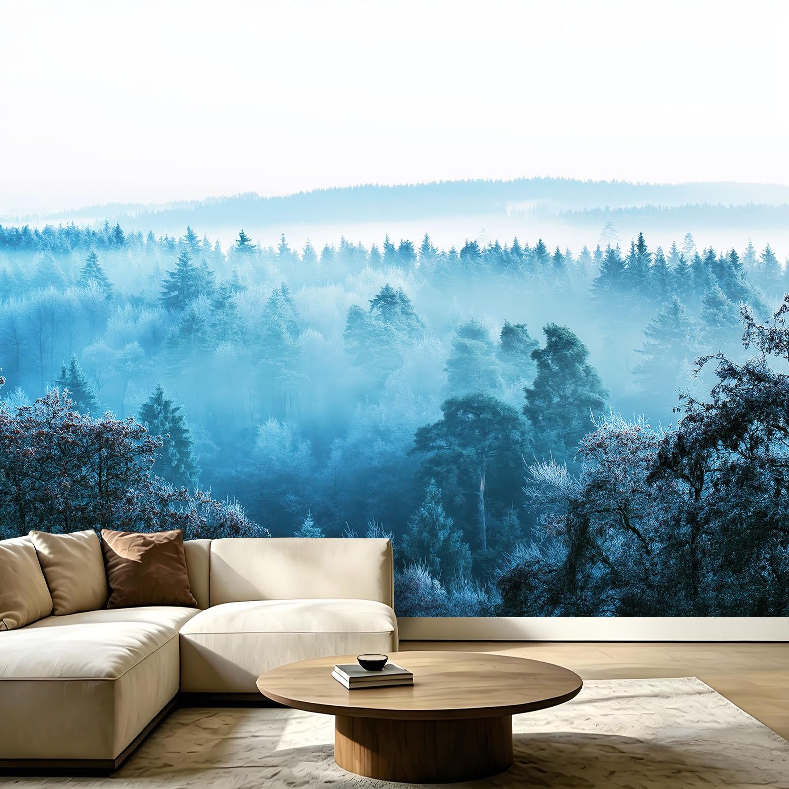 Générique Panoramiczna tapeta las sosny mgła horyzont 300 x 210 cm (szer. x wys.) plakat ścienny 3D, dekoracja ścienna premium, fotograficzny zimny odcień projekt do salonu, sypialni i pokoju