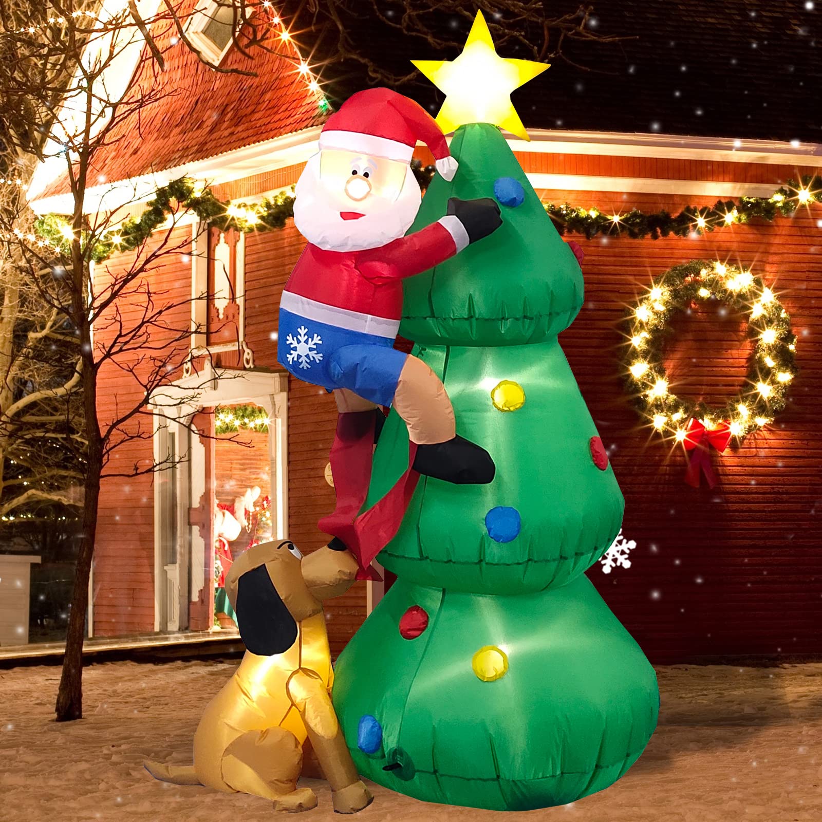 Danxilu 6 FT Inflatable Christmas Decorations Built-in LED Lights Christmas Inflatables Tree with A Santa Chased by A Dog Xmas Blow Up Outdoor Decor for Outside Garden Yard Holiday Party Lawn Indoor