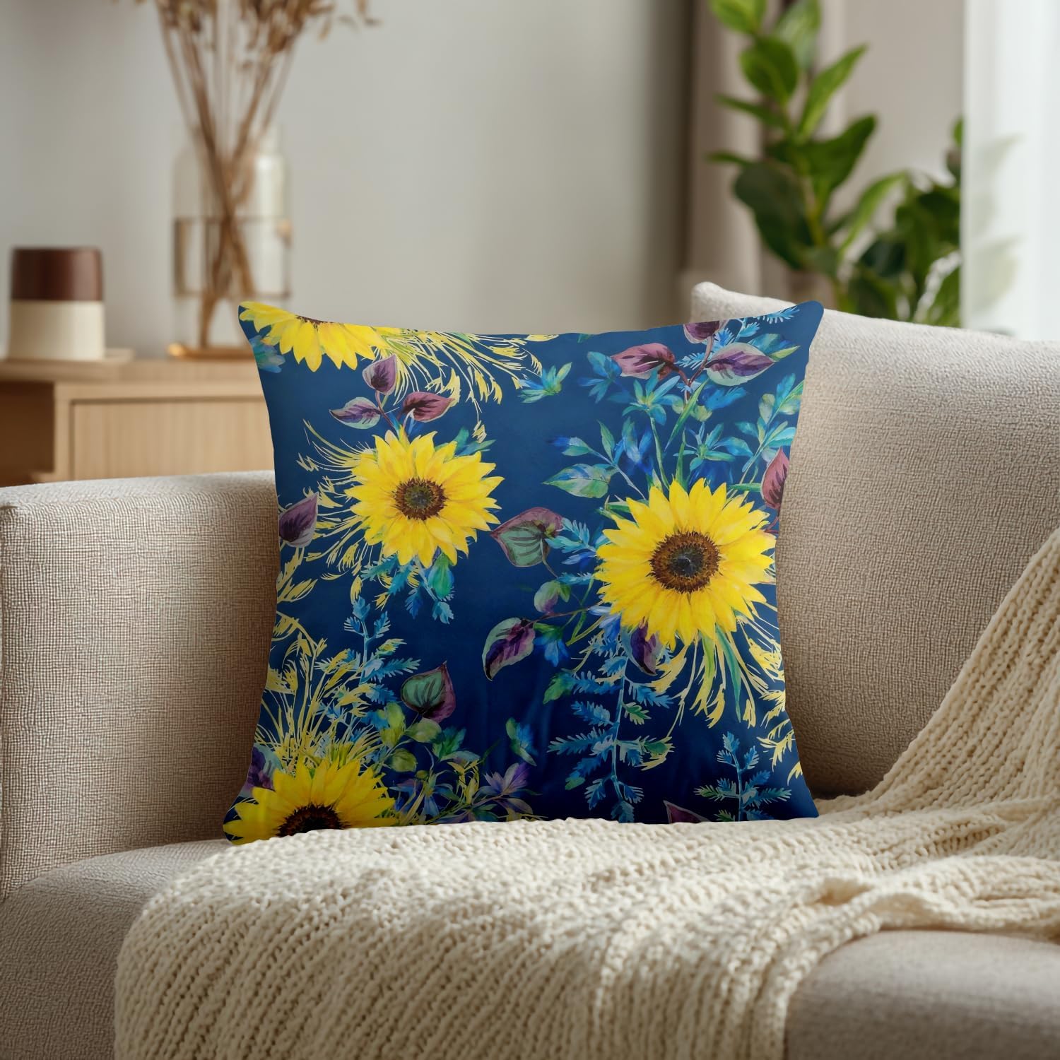 Floral Pillow Covers, Purple Blue Daisy Flower Floral Daisies Flower Square 22 x 22 Inches Decorative Throw Pillow Covers Cotton Cushion for Sofa Bedroom Car, Yellow, Set of 2