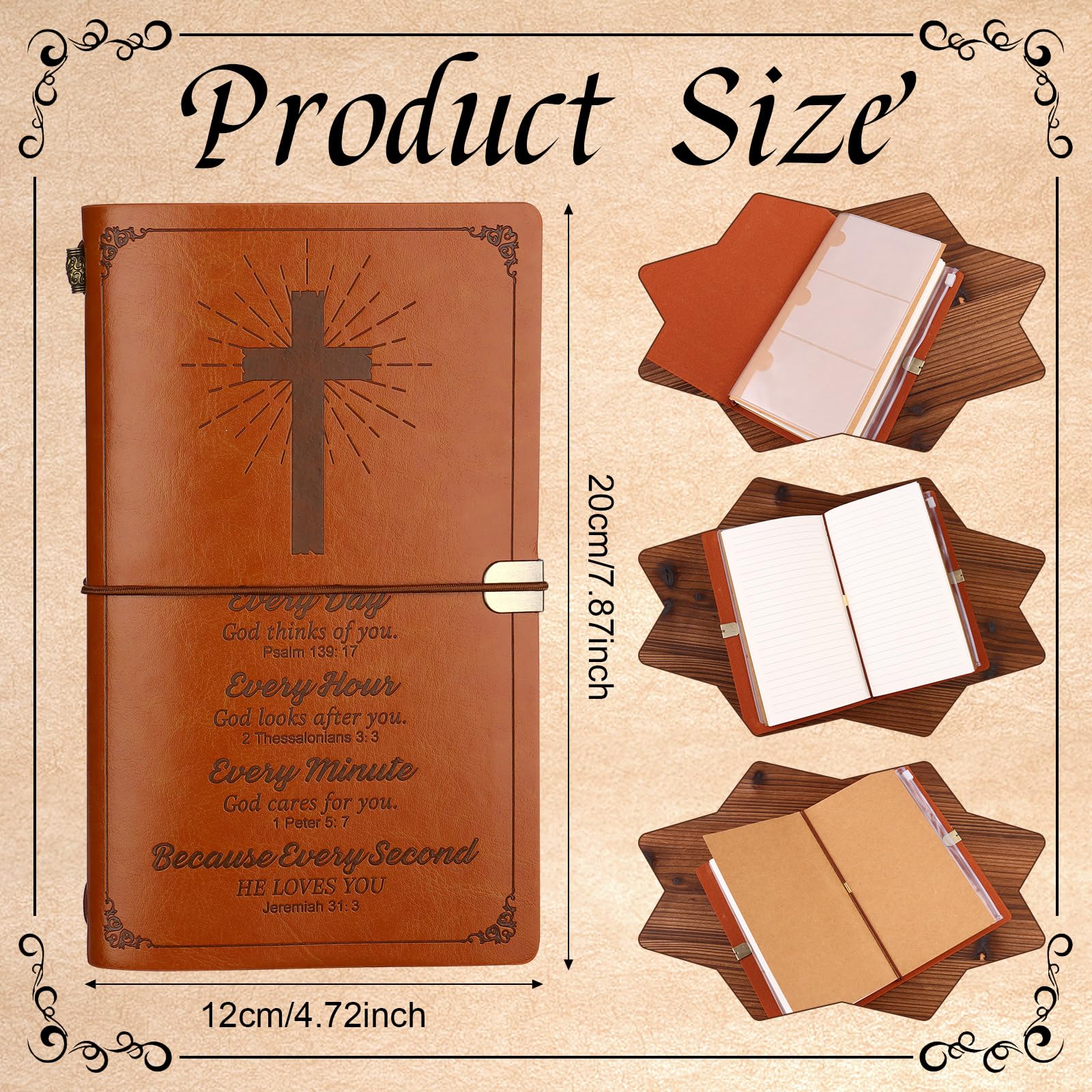 HAOWANWW 4 Pcs Christian Gift Christian Notebook Refillable Leather Journal Notebook with Ballpoint Pen Bible Verse Bookmarks Keychain Inspirational Christian Gifts for Him Her Christmas Graduation - Image 2