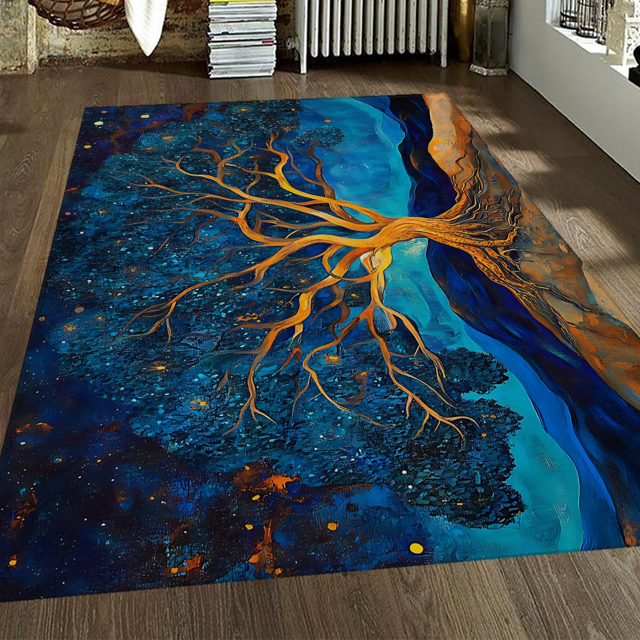 Tapis de bureau 140x200cm bleu antidérapant motif arbre mythologique