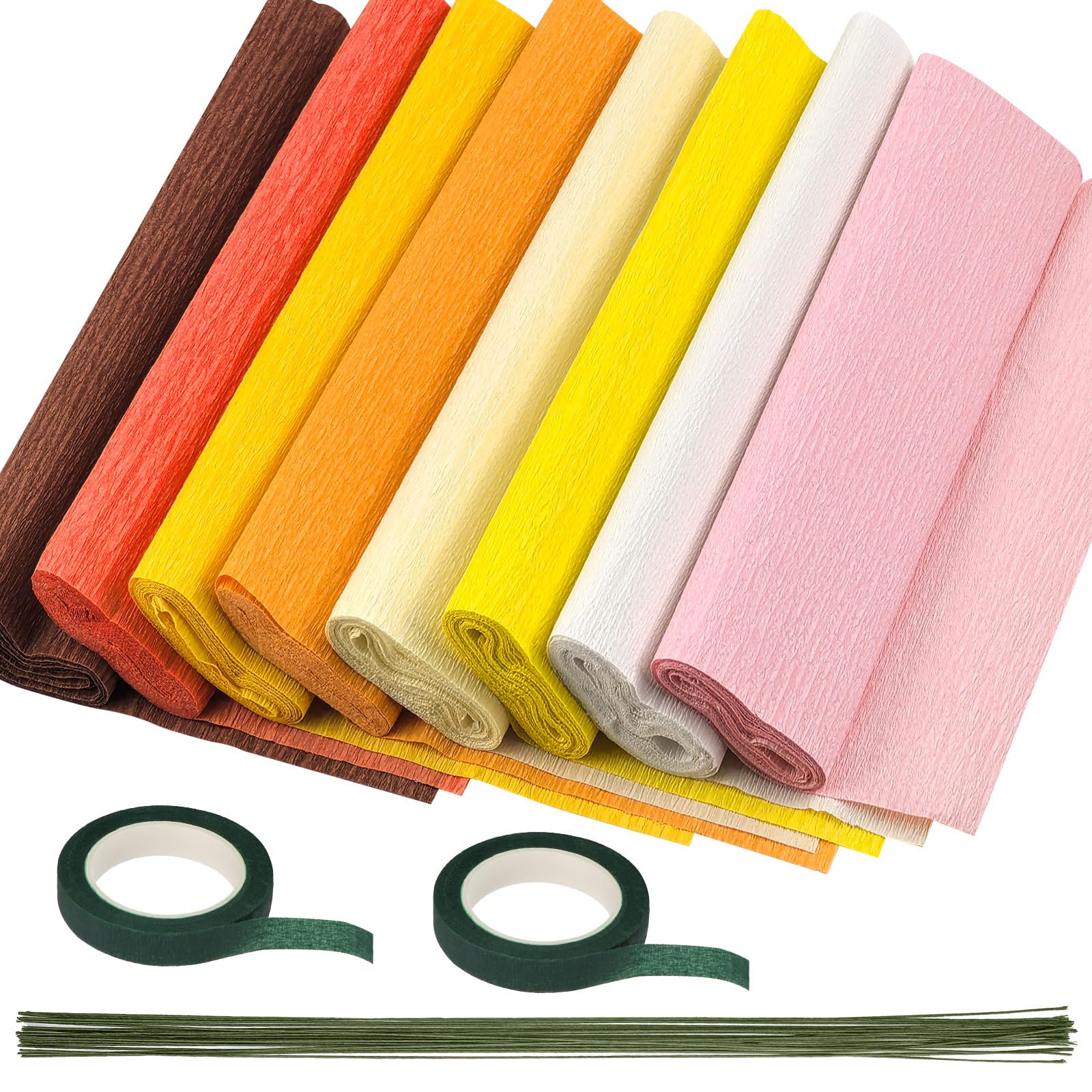 Keadic 8 Colors Crepe Paper Rolls, 9.8 x 98 Inch Wide Crepe Paper Sheets with 50 Pcs Floral Iron Wire,2 Green Floral Band for Birthday Parties Weddings Festival Decoration