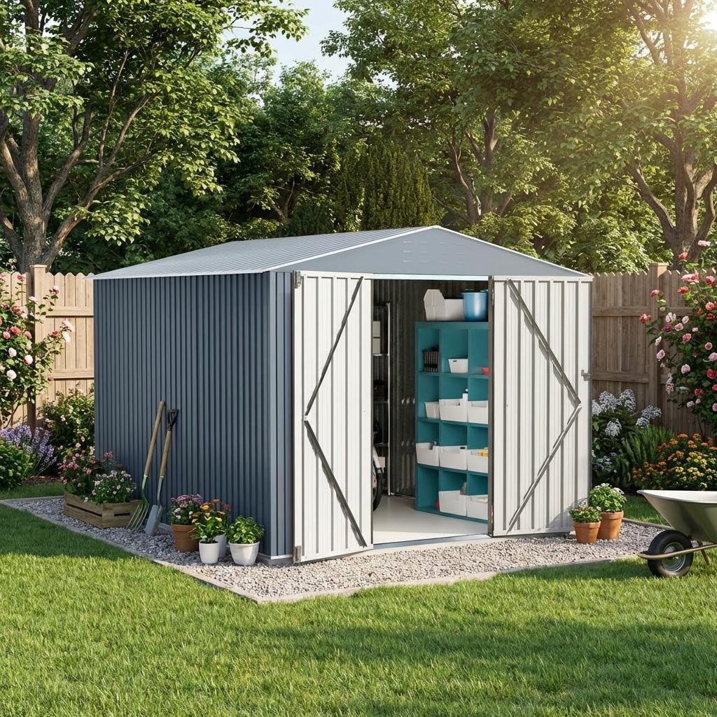 Photo 1 of ***01 BOX MISSING**8x12 FT Outdoor Metal Storage Shed, Large Storage Sheds with Sturdy Frame Structure, Metal Garden Tool Shed with Lockable Door for Garden, Lawn, Backyard, Gray