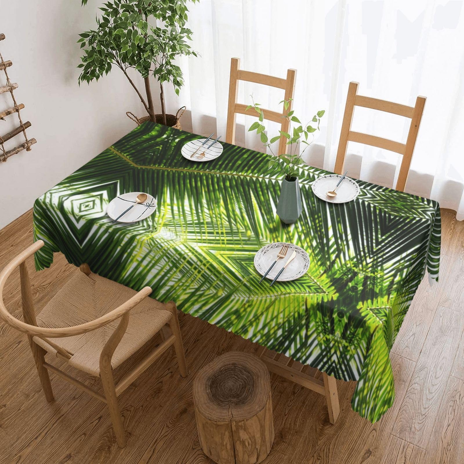 HLSBSSL Palm Leaves Green Shades Patterned square lace tablecloth, wrinkle-resistant and durable, suitable for dining tables, parties, etc.