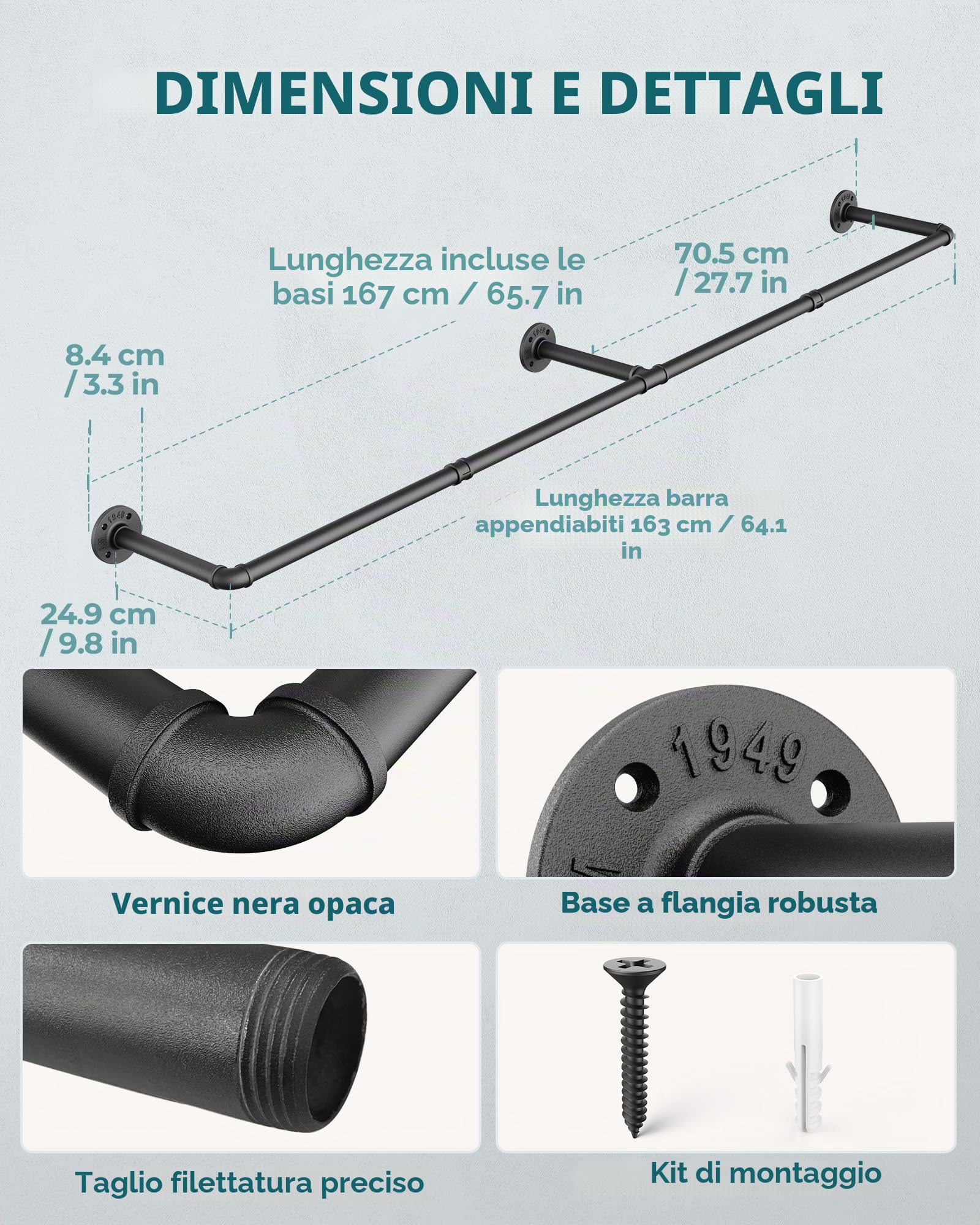 OROPY Set di 2 Penderia per Abiti Industriale, Barra di Metallo Retrò Rimovibile da 167 cm a Parete per Appendere i Vestiti, Penderia Robusta per lo Stoccaggio in Camera da Letto, Nero (3 Basi)