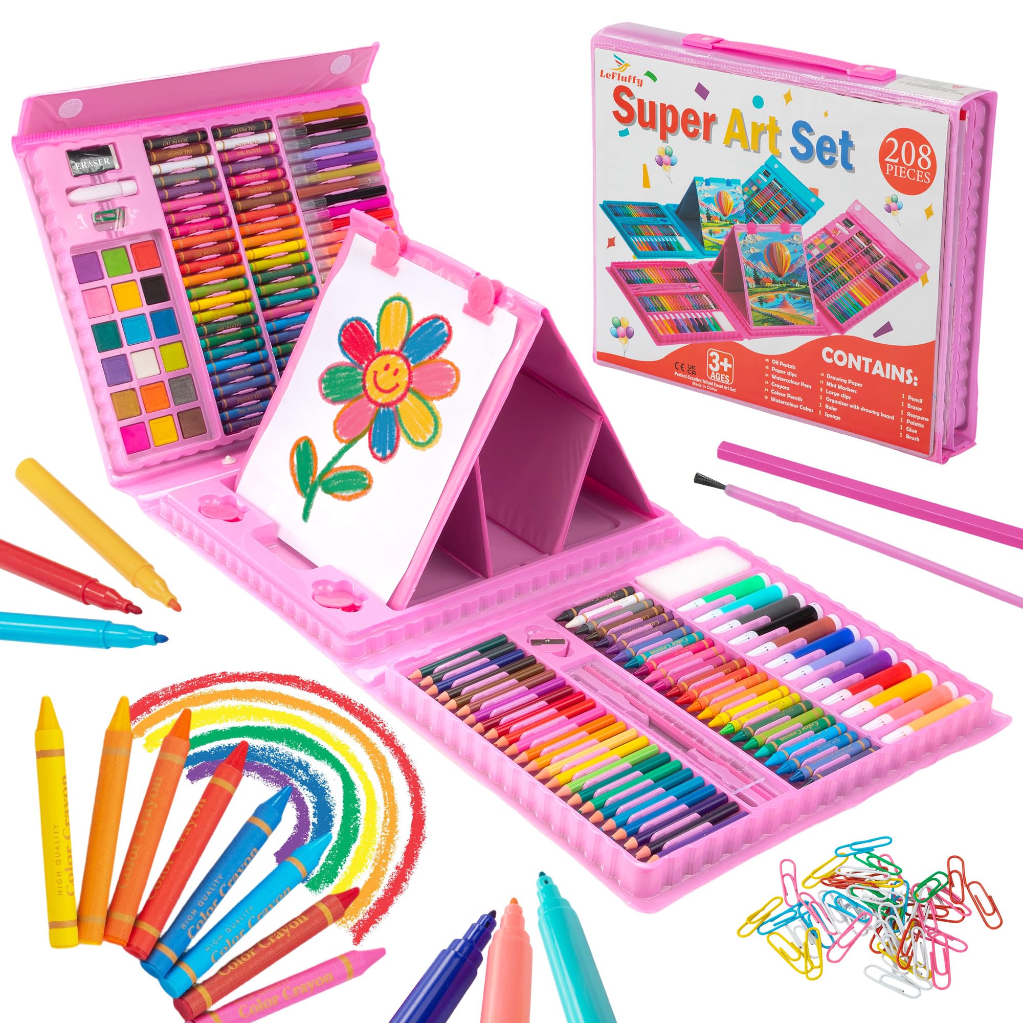 Art Supplies, 208-Piece Colouring Sets & Drawing Kit, Travel Art Set for Kids, Double-Sided Trifold Easel, Sketch Pads, Crayons, Colored Pencils, Gift for Teens Boys Girls Ages 4-12