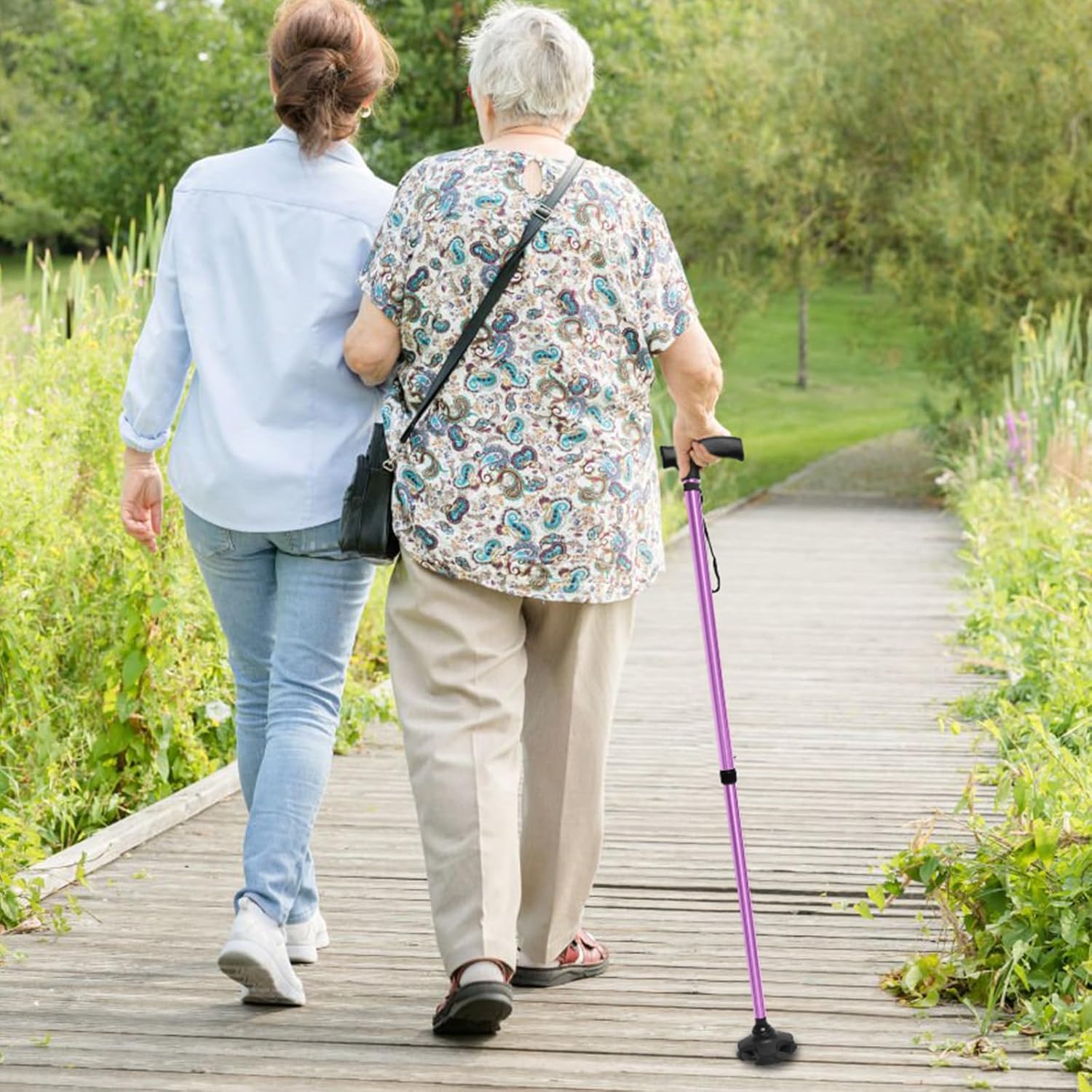 Adjustable Walking Cane for Women,10-Level Height Telescopic Walking Stick with 4-Prong Anti-Slip Pivoting Base, Wrist Strap, Heavy Duty Walking Aid for Adults & Elderly