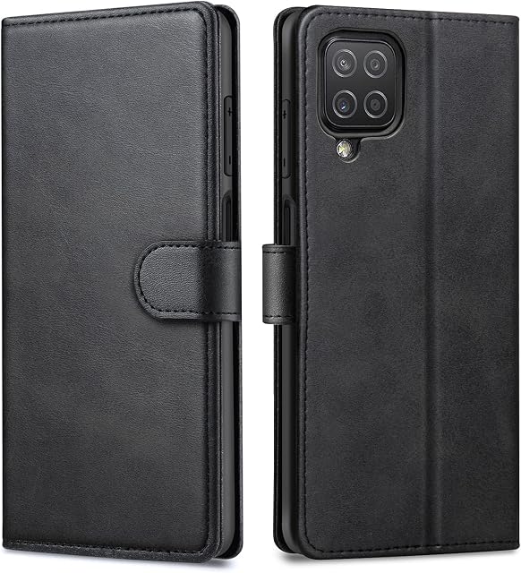 Focusor Etui kompatybilne z Samsung Galaxy A12/M12, Samsung A12/M12, etui na telefon komórkowy Samsung A12/M12, skórzane etui z klapką, funkcja portfela, etui ochronne do Samsung A12/M12, czarne