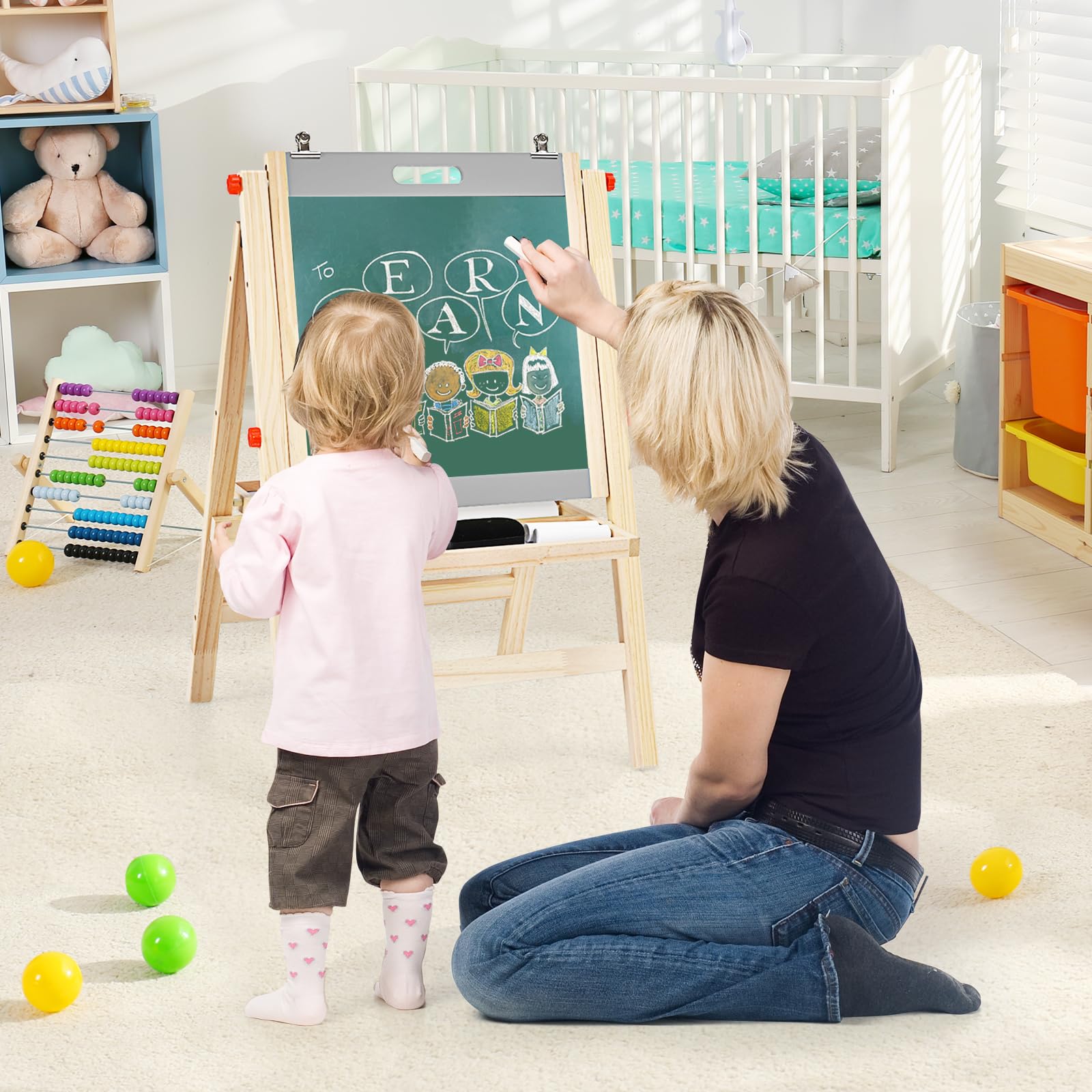 HOMASIS 3 in 1 Lavagna per Bambini con Cavalletto, Lavagnetta Magnetica Bambini con Altezze Regolabili, Lavagna a Doppia Faccia con Vassoio, Giocattolo Educativo Creativo per Bambini (Grigio)