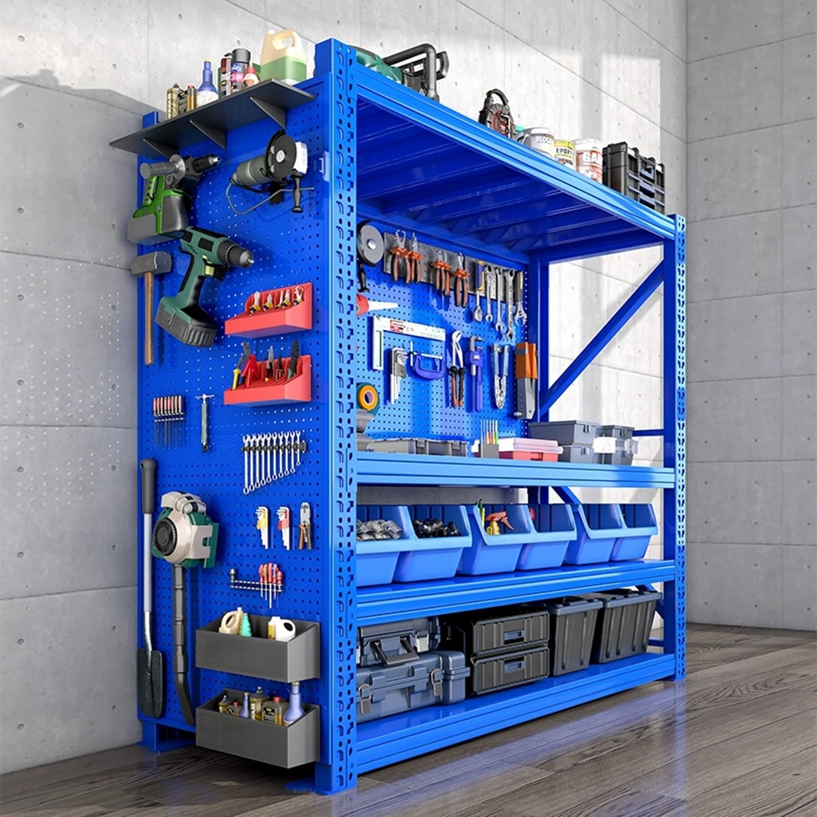 Genérico Organizador y Almacenamiento de Herramientas, estantería Resistente Ajustable de 4 Niveles, Capacidad de Carga de 300 kg por Capa, con 30 Ganchos de Metal, fácil de Instalar (Azul, 200 x 40