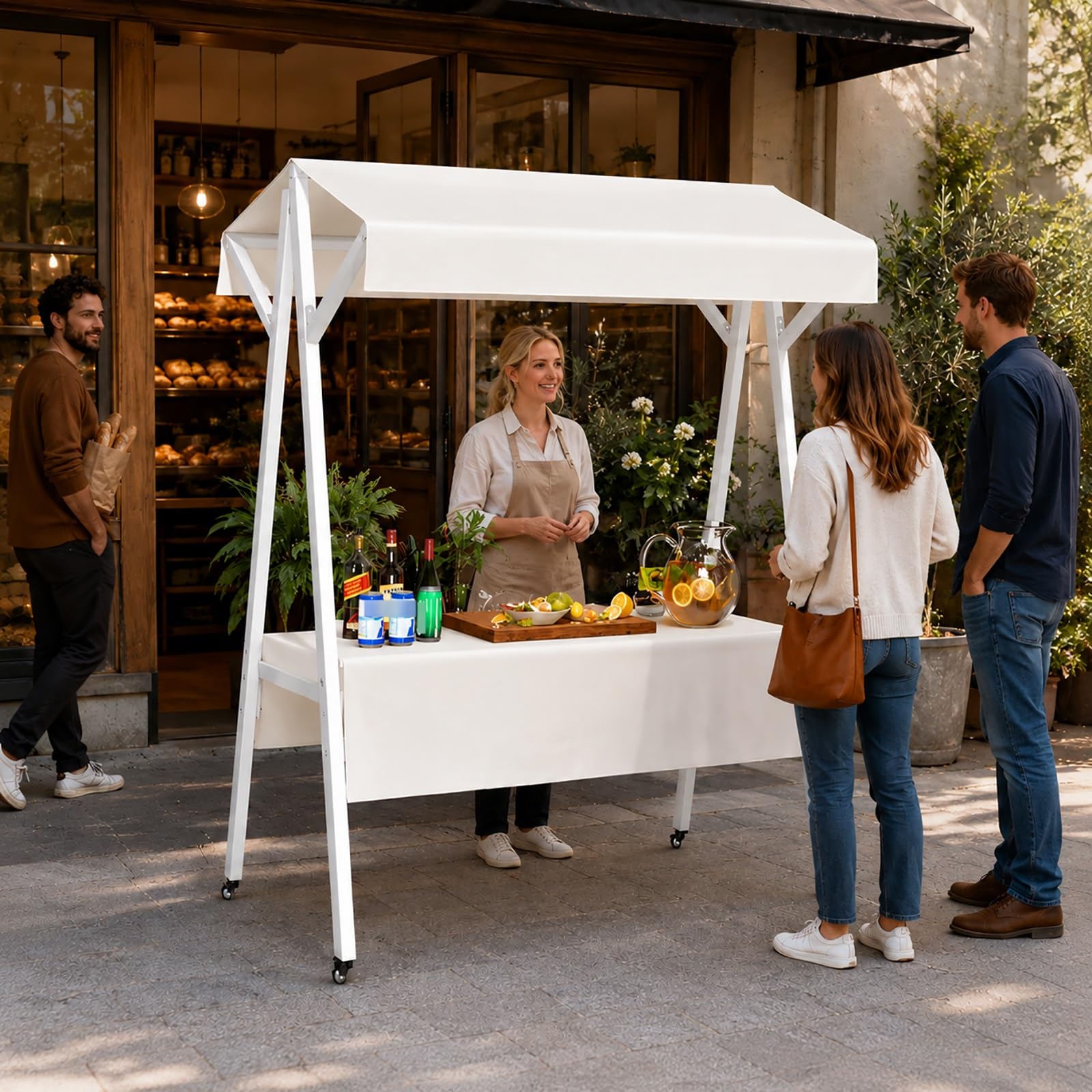XRRJFYH Portable Farmers Market Stand, Outdoor Farm Stand with Canopy & Wheels, Folding Vendor Booth for Street Food, Display Tables, Market Stall(White,160x60cm/63x24in)
