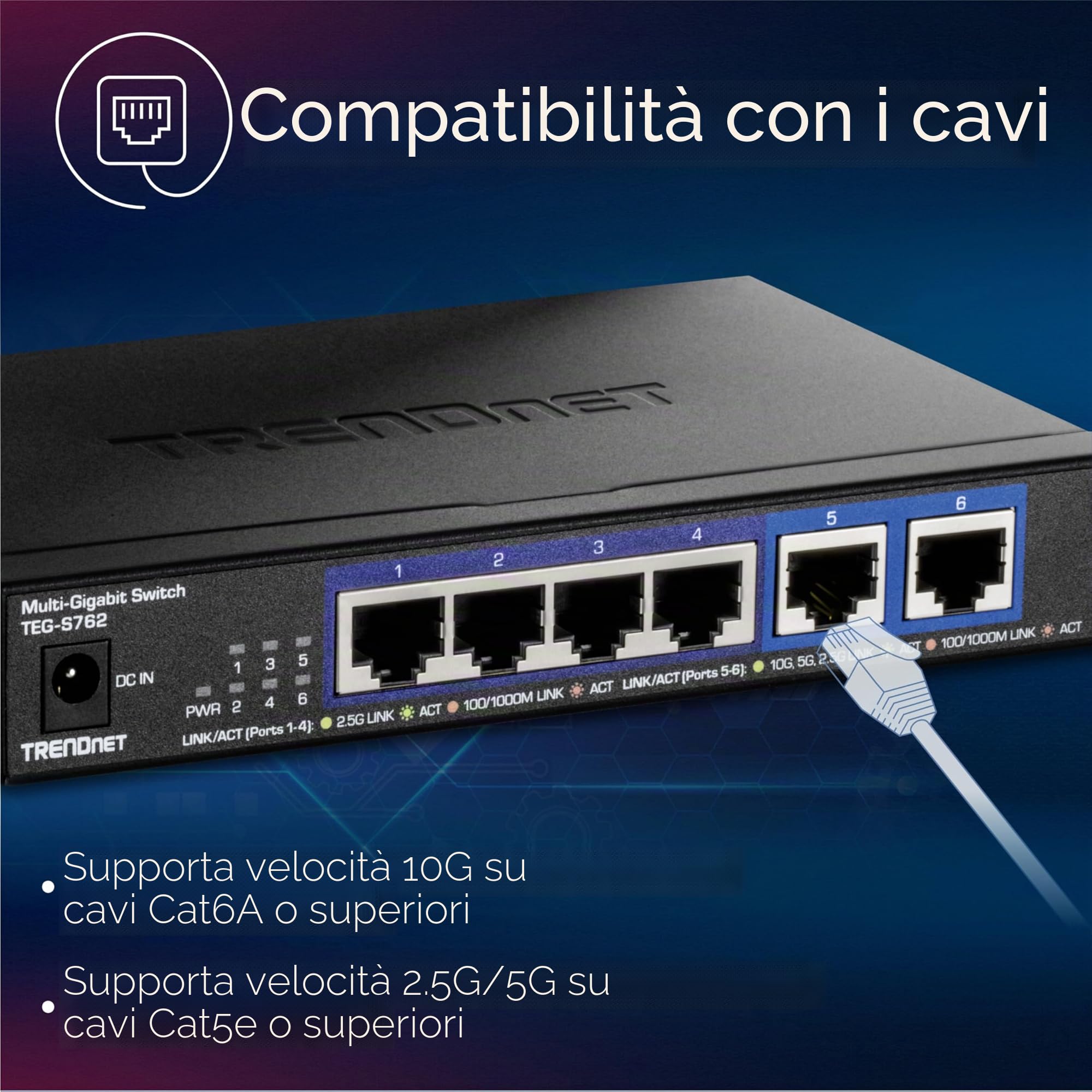 TRENDnet TEG-S762 Switch 6 porte 10G, 4 porte RJ-45 Base-T da 2,5 G, 2 porte RJ-45 10G, capacità di commutazione 60 Gbps, montabile a parete, connessioni di rete 10 Gigabit, nero