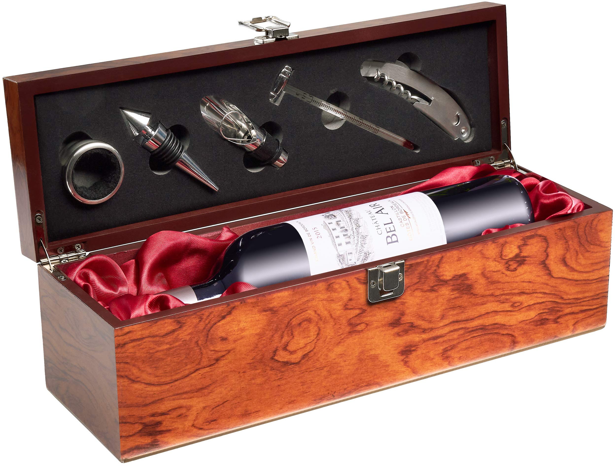 BRUBAKER Geschenkset Weinset mit 1 Flasche Rotwein Jahrgang 2015 Château Bel Air - in Weinkiste mit Sommelierset