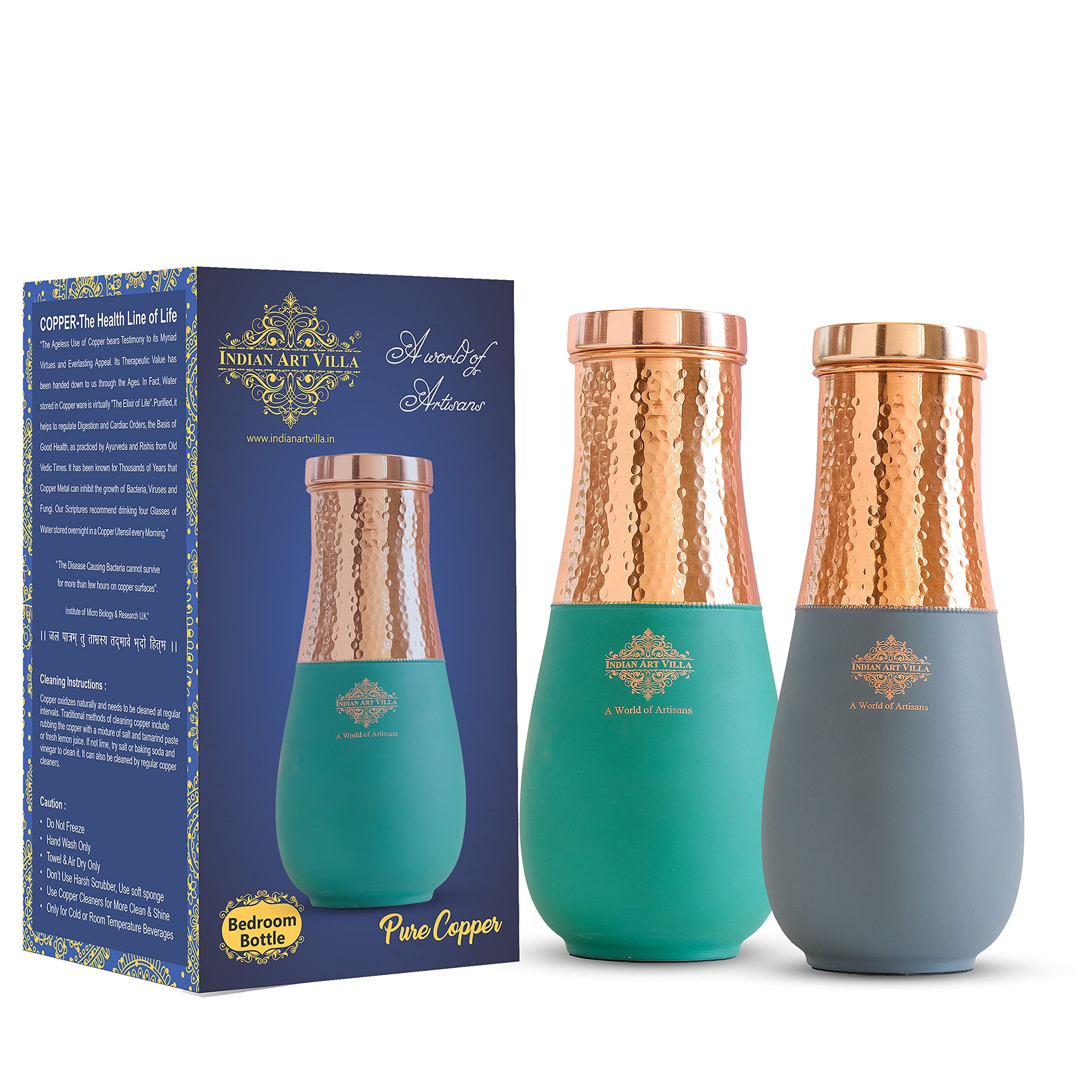 INDIAN ART VILLA Pure Copper Half Hammered and Gray & Green Silk Finish Vase Shape Bedroom Bottle, Volume 1425 ML - Pack of 2