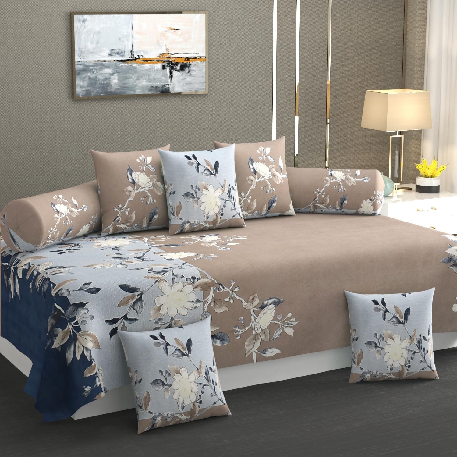 Diwan Set Covers Cotton 8 Pieces Cotton Feel Designer Printed Diwan Set (1 Single Bedsheet, 2 Bolster Covers, 5 Cushion Covers) Grey Blue-image-42