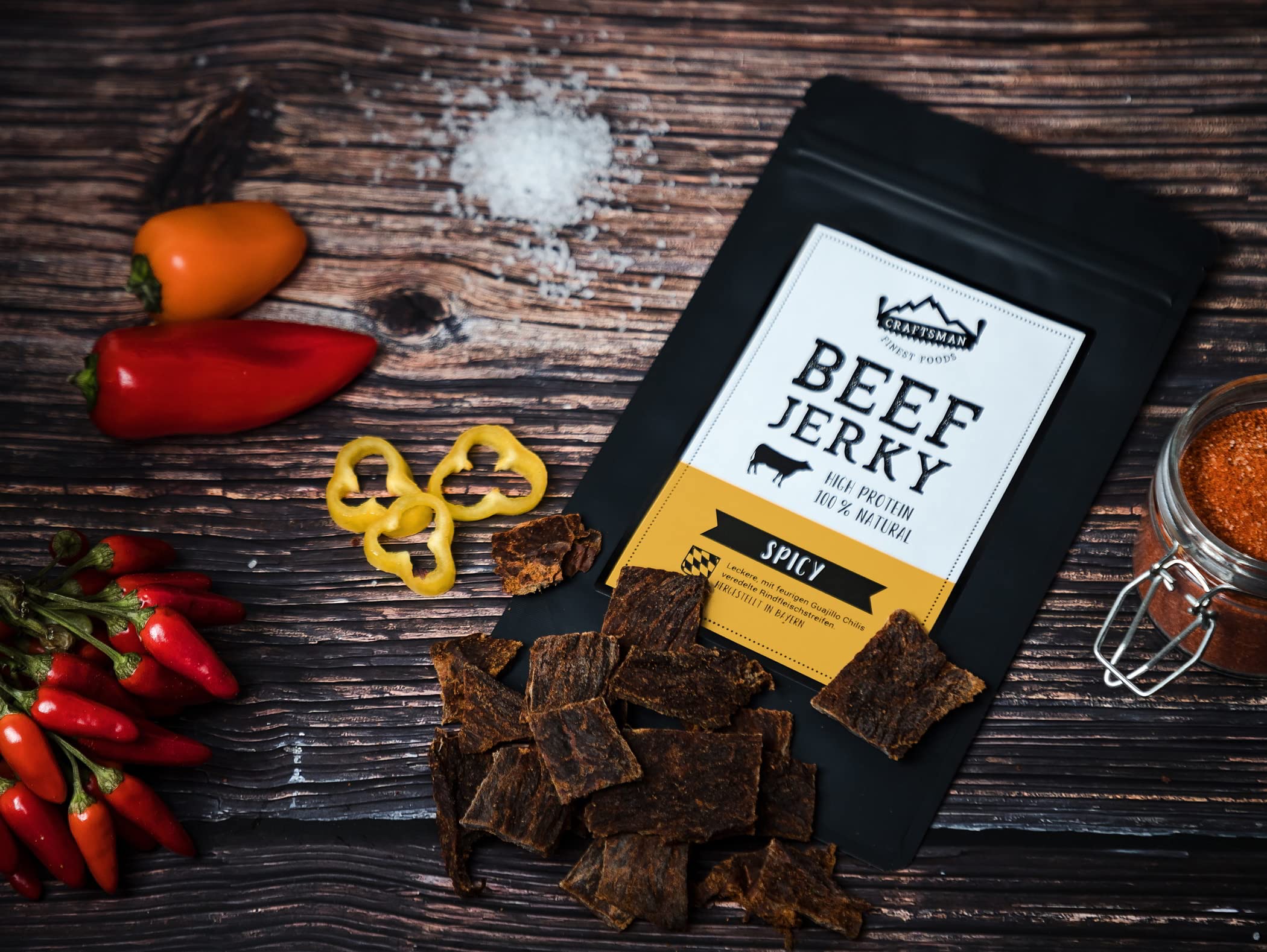 Craftsman Beef Jerky Spicy | Trockenfleisch aus Deutschland - Bayern | Set 5 x 100g = 500g | 100% natürlich ohne Zucker | 100% Rind | High Protein 68% | Dörrfleisch Chili Scharf