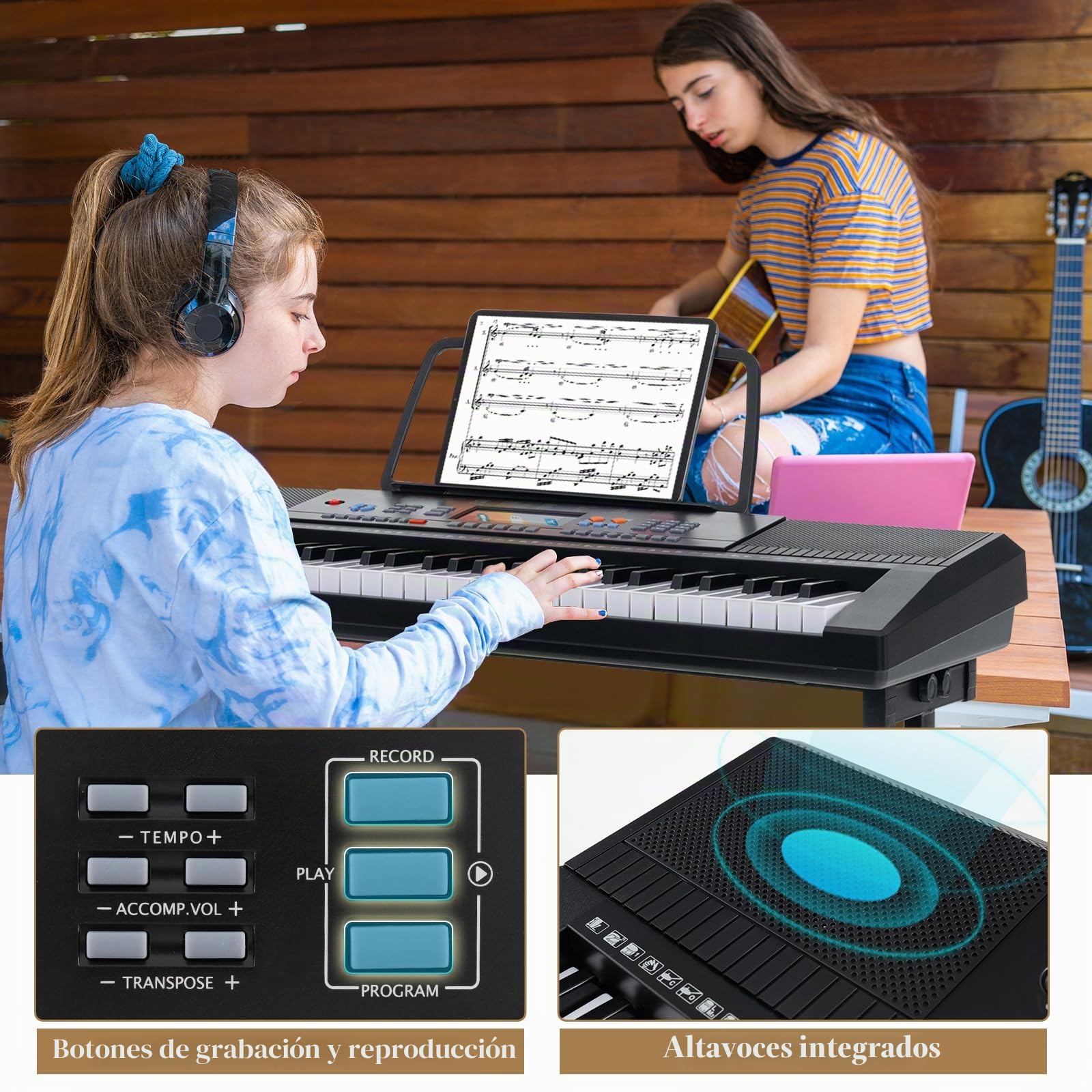 KOMFOTTEU Teclado Electrónico de 61 Teclas, Piano Digital con Soporte y Banco, Piano Electrónico con Micrófono, 300 Timbres y Ritmos, 50 Canciones de Demostración, Auriculares y Atril