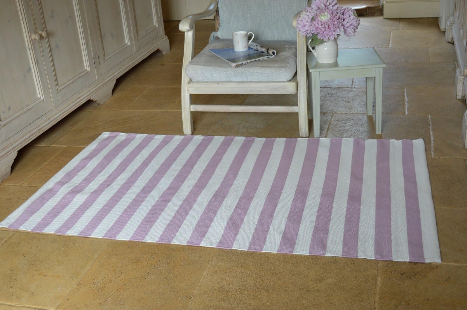 Floor Rug, 100% Cotton Salcombe Stripe Flat Weave Orchid Pink/White 90x150cm 3x5' Quayside Home