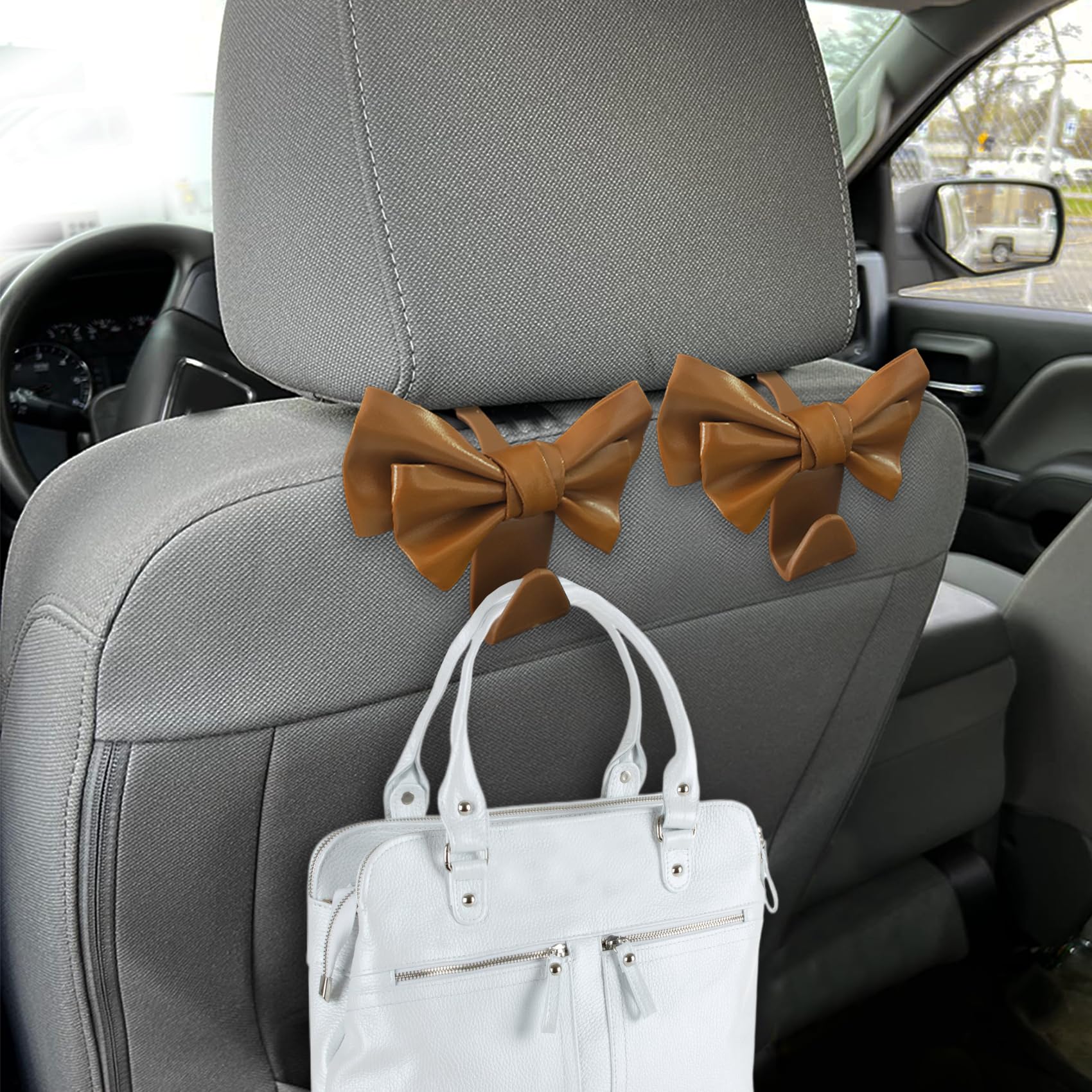 2pcs car seat headrest hooks, car purse hook for car, cute bow car rear seat storage hooks, universal auto interior decoration accessories for purses, bags, umbrella (brown)