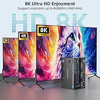 Vista 5 de Interruptor KVM 4K@144Hz 2 Monitores 2 Computadoras 8K@60Hz, Camgeet Interruptor KVM de Monitor Dual HDMI y DisplayPort con 4 Puertos USB 3.0