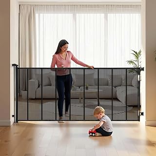 VEVOR Retractable Baby Gate, Extends to 202.7 inch Extra Wide, 39 inch Tall, with Reinforced Fiberglass Strips, Avoids Crawling Through, Mesh Dog Gate for Decks, Doorways, Garages, Indoor, Black