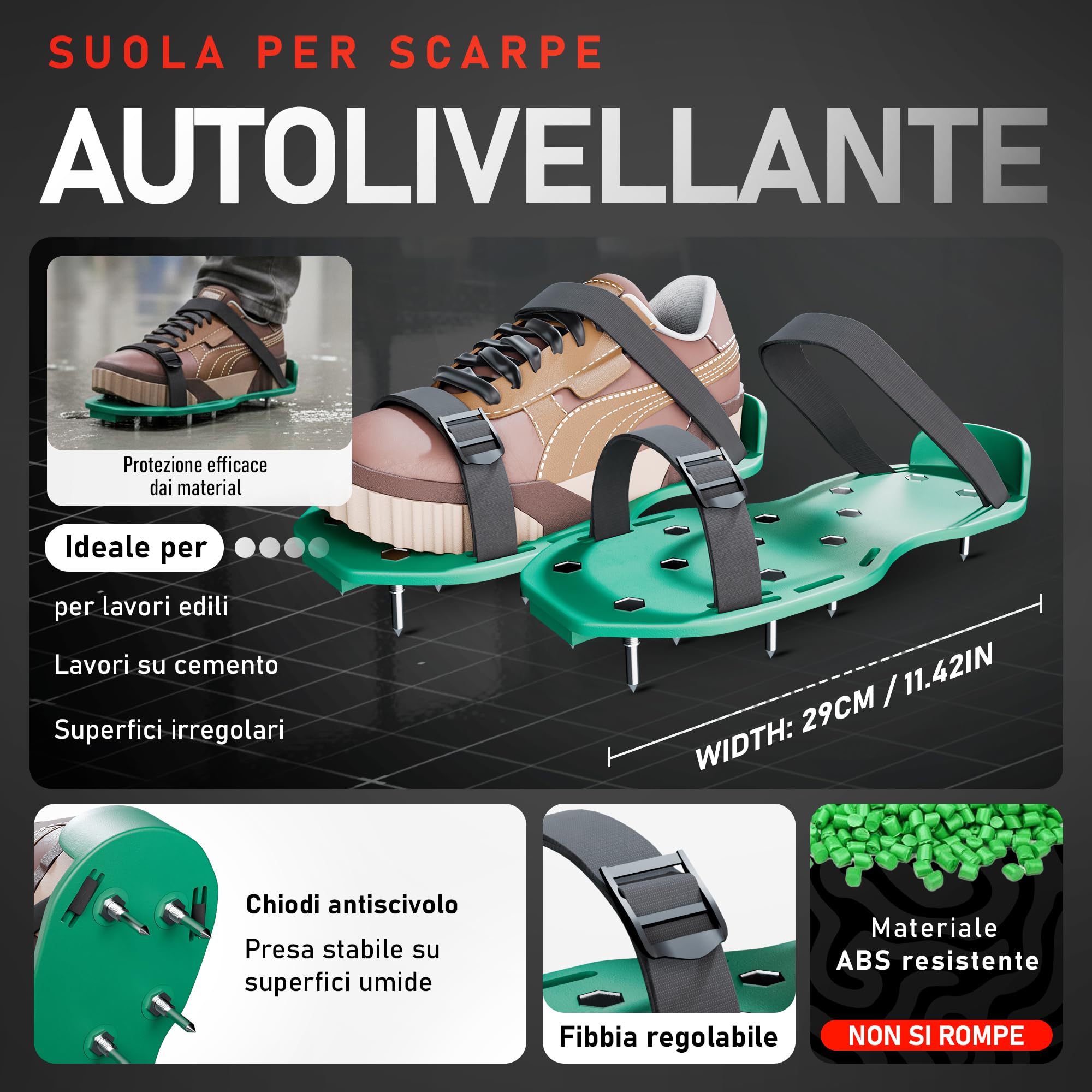 Kit Autolivellante per Pavimenti in Cemento | Include Rullo Frangibolle 11 mm, Spatola Autolivellante, Scarpe Chiodate per Prato, Asta Relescopica, Rulli, Spatola e Guanti