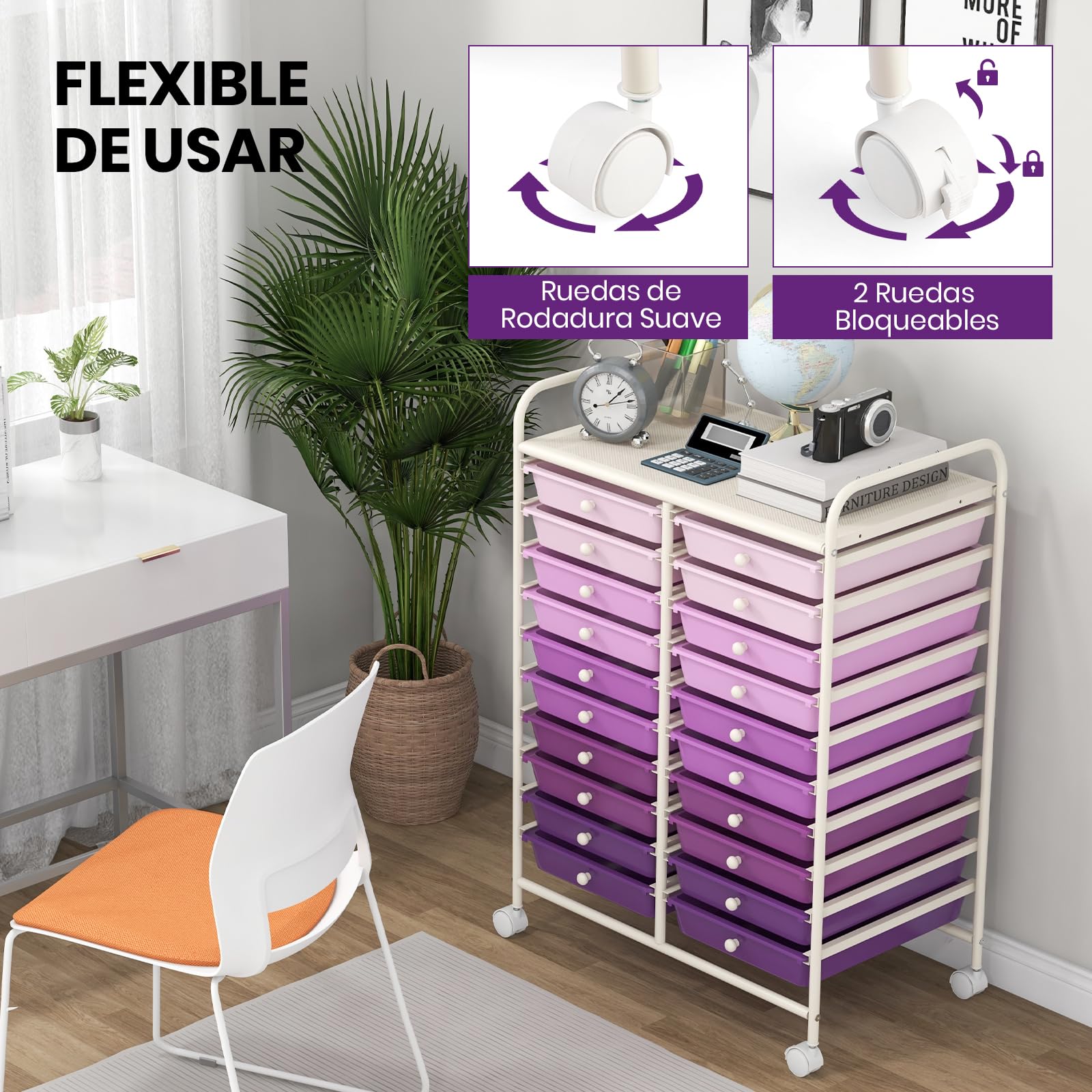 GOPLUS Carrito Auxiliar con 4 Ruedas, Carro de Servicios con 20 Cajones, 2 Ruedas con Frenos, Carro de Almacenamiento de Estructura Metálica para Cocina Oficina Baño (Violeta)