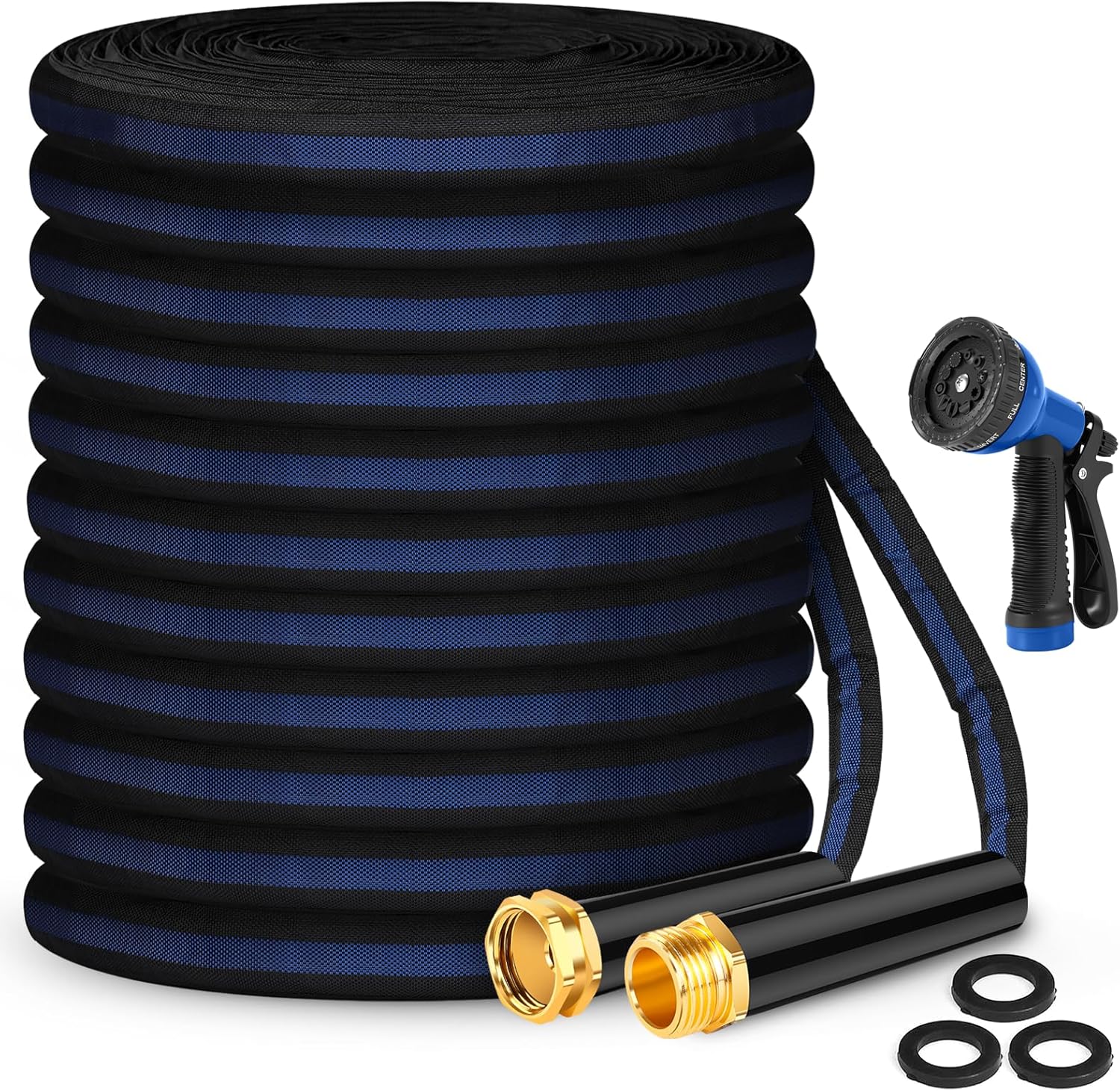 Garden Hose 100ft, Non-Expanding Water Hose, 8 Function Nozzle, Flexible Ultra-Light, Anti-Kink, Wear-Resistant, Portable, Easy Storage, Hose with 3/4 for Outdoor, Garden, Yard, Black Dark Blue