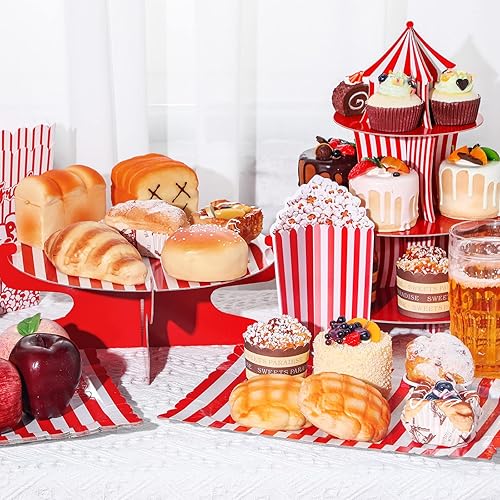 Miniatura 3 de Juego de 7 soportes para tartas de carnaval de 3 niveles de circo y carnaval, soporte para cupcakes de 1 nivel, bandeja rectangular para servir,