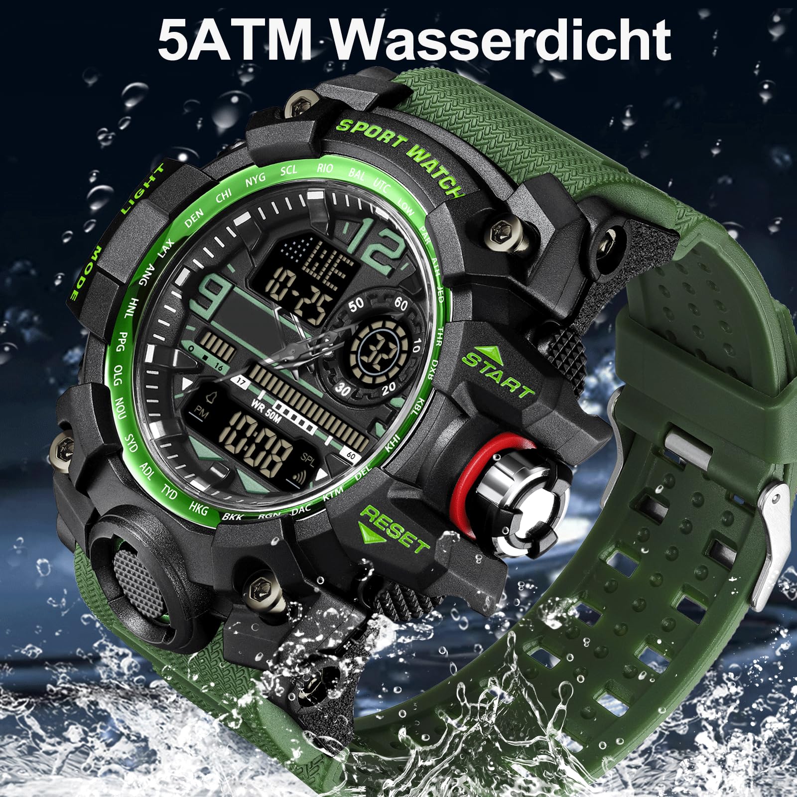 Reloj de pulsera digital para hombre, analógico, digital, deportivo, militar, para hombre, niño, exterior, impermeable, con despertador, luz LED, fecha, semana, 12/24 h, multifunción, táctico