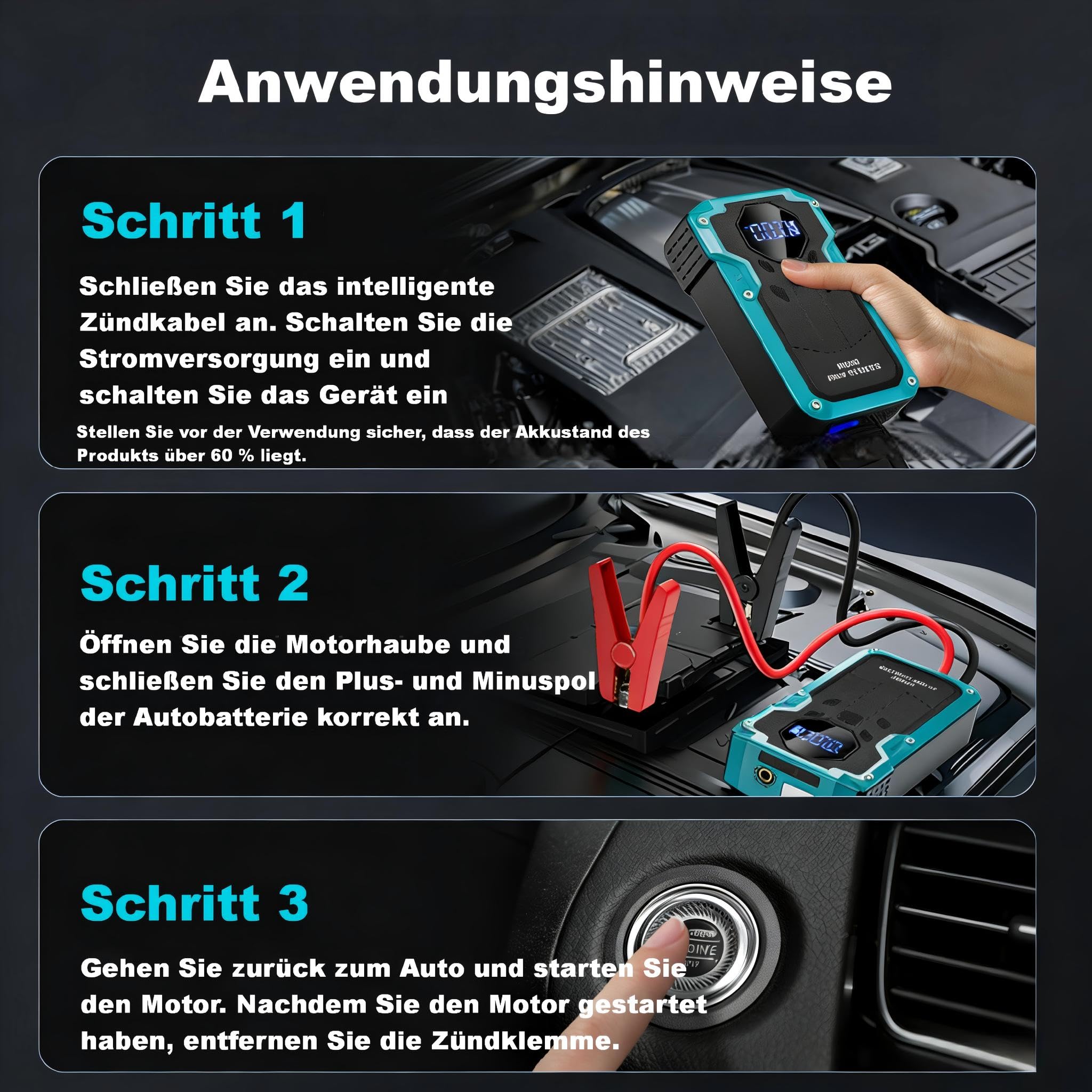 6000A Starthilfe Powerbank mit Kompressor für 8L Benzin & 6.5L Diesel (Rot) | 8000mAh Starthilfe Auto für 12V Auto,Wohnmobil, Motorrad&Rasenmähertraktor, Komplettes Zubehörset,3 USB-Ladeanschluss