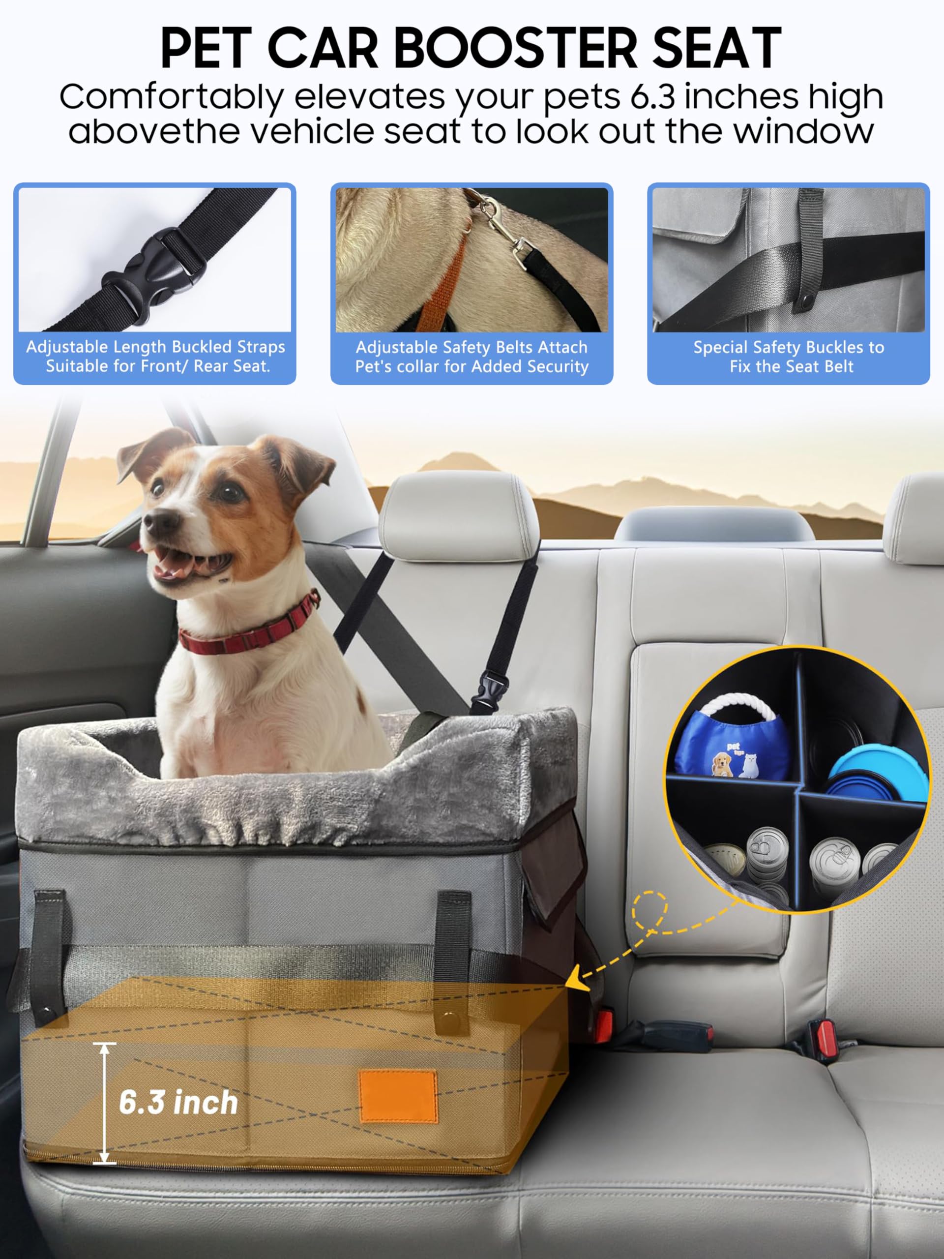 Asiento de coche portátil para perros pequeños, plegable, asiento de coche para asiento delantero y trasero, cesta para perros con cinturón de seguridad ajustable y cojín de felpa, seguro, estable
