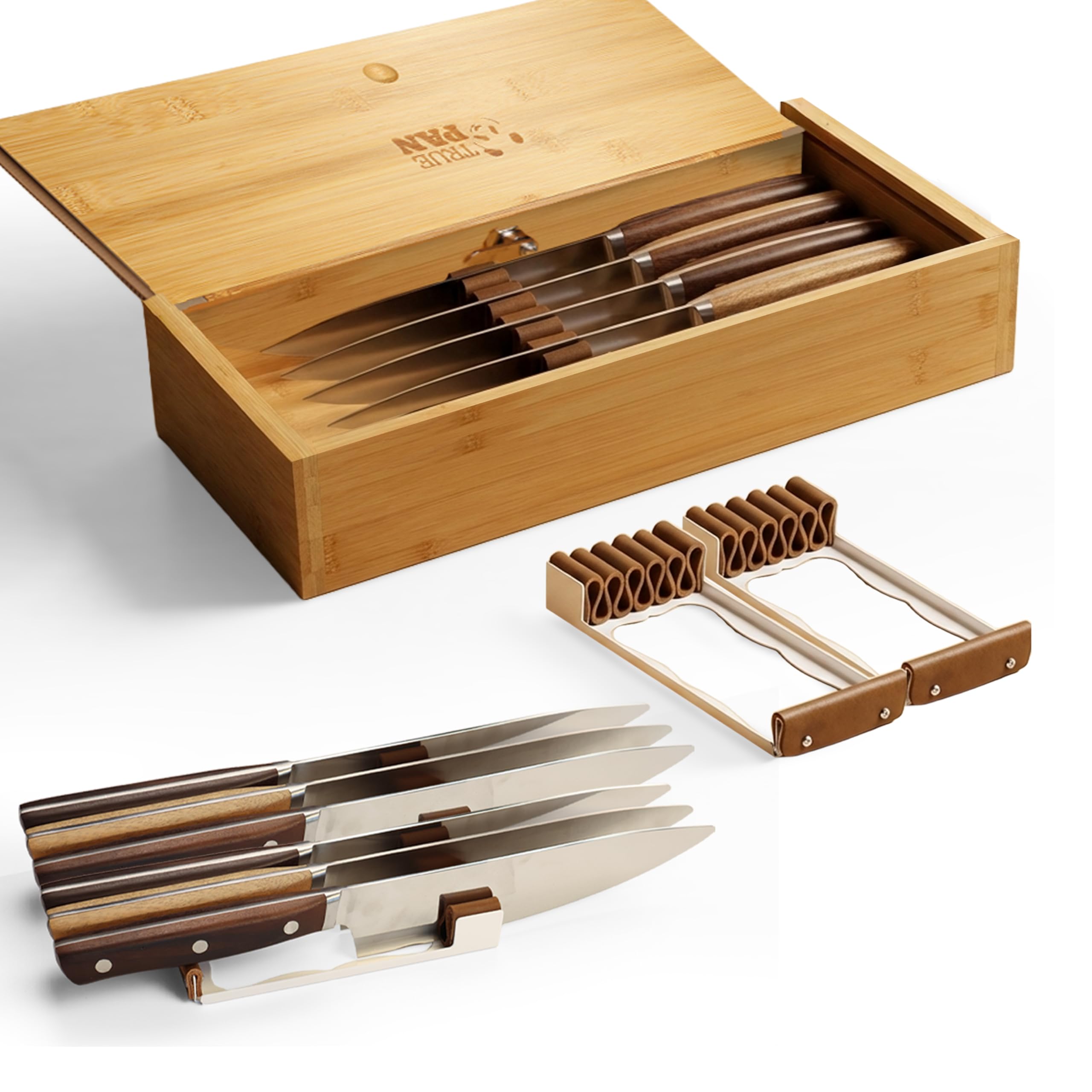 Kid Safe In-Drawer Bamboo Sharp Knives Holder & Organizer. Multi Purpose Lock Box with leather knife holders. Only 5.5 Inches Wide. Best Knife Block Alternative! New 2026 Updates