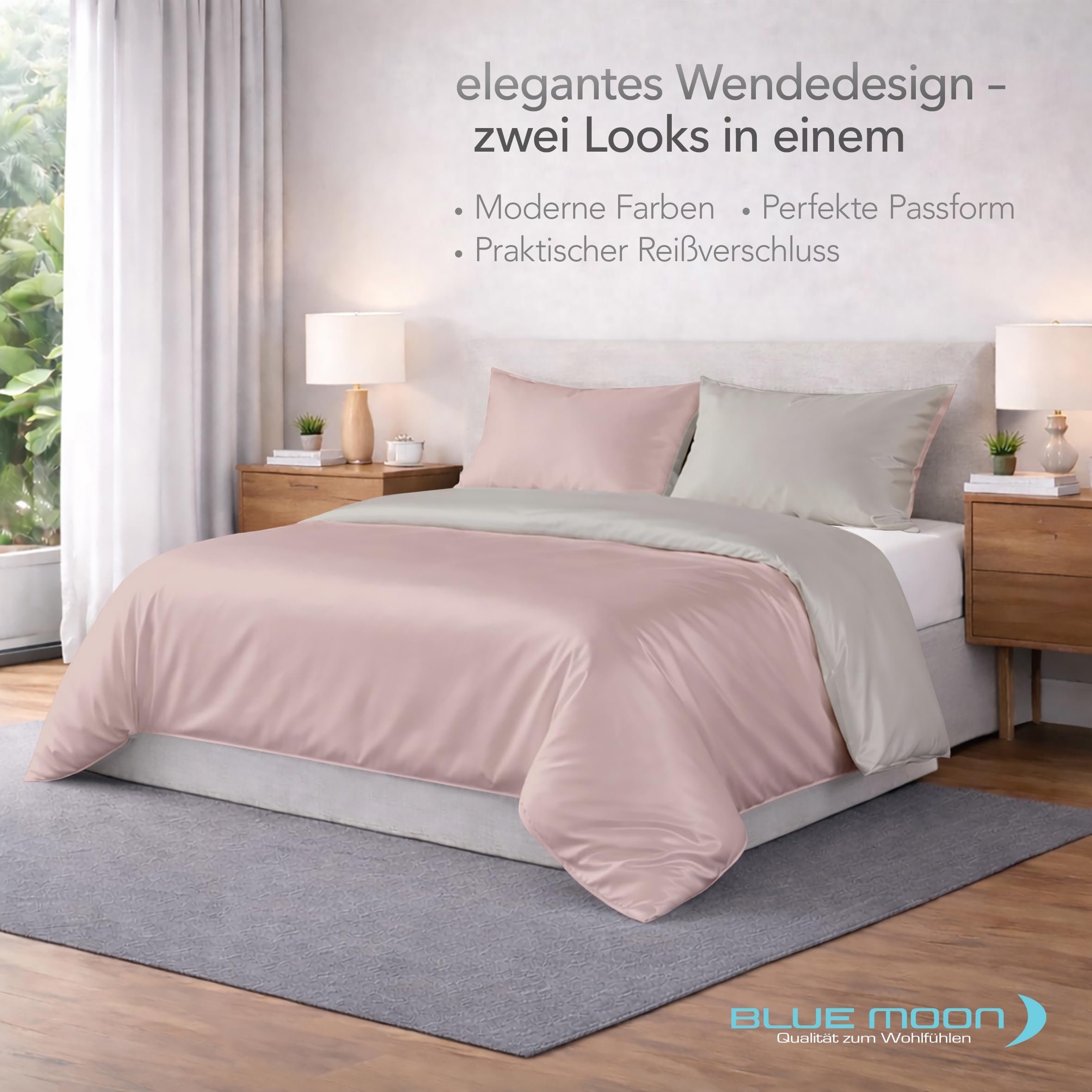 Blue Moon raso di cotone makò biancheria da letto 140 X 200 + 70 x 90 cm Tinta Unita, produzione europea... Silber/Rosé