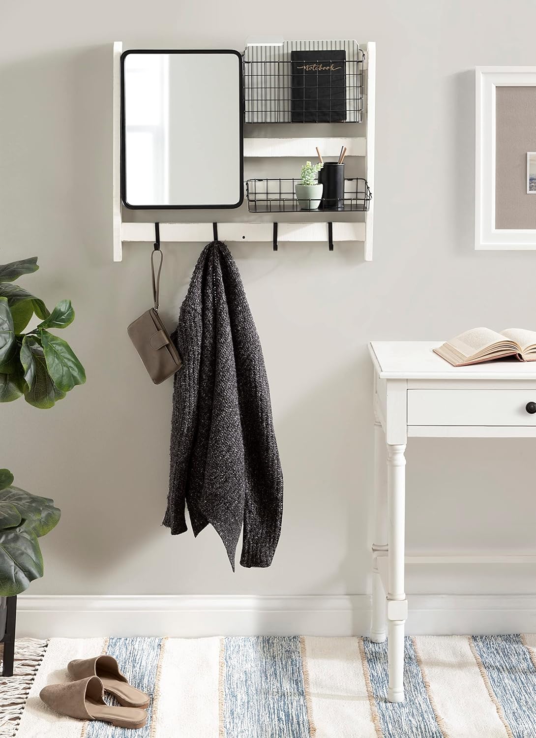 Rustic Brown Wall Organizer with Mirror and Hooks