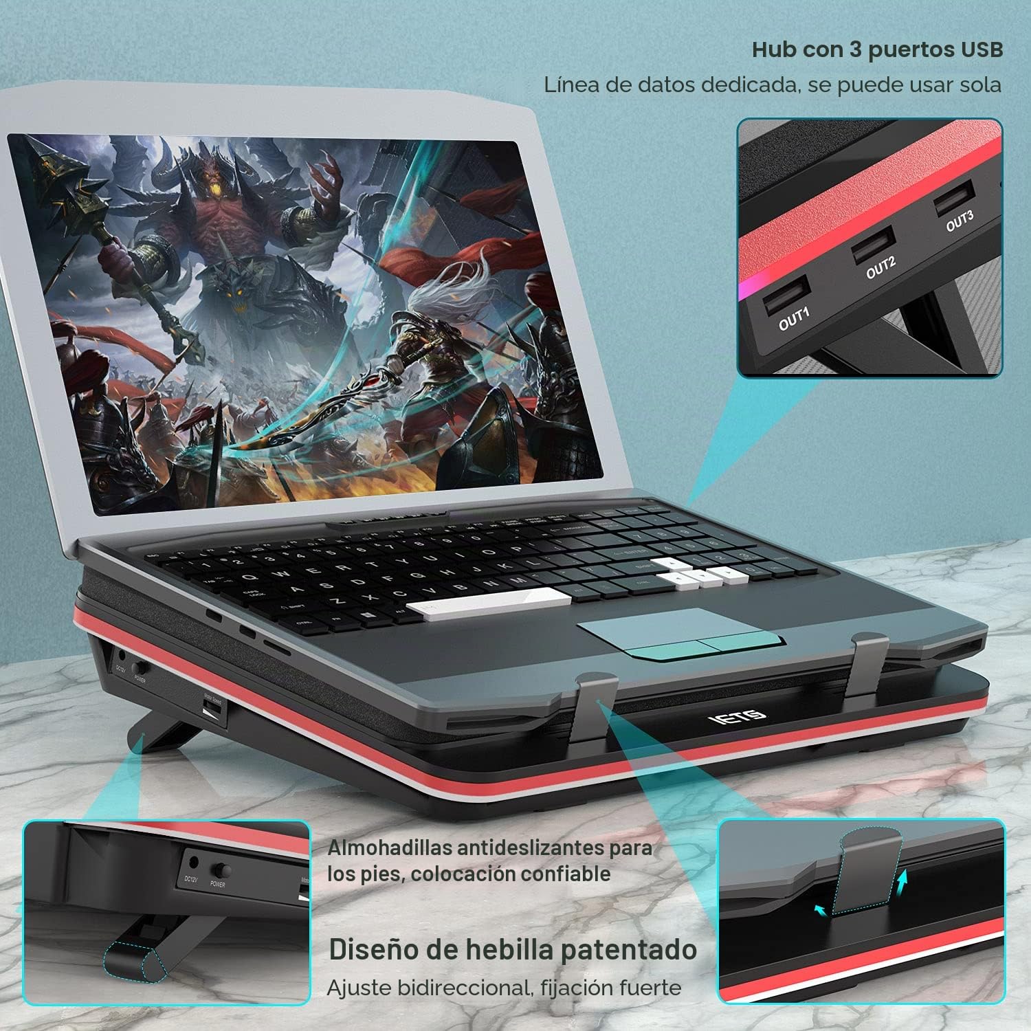 IETS GT500 Potente ventilador turbo (5000 rpm) almohadilla de refrigeración con velocidad continua, espuma de sellado para una refrigeración rápida para ordenador portátil gaming, 13-17,3 pulgadas con