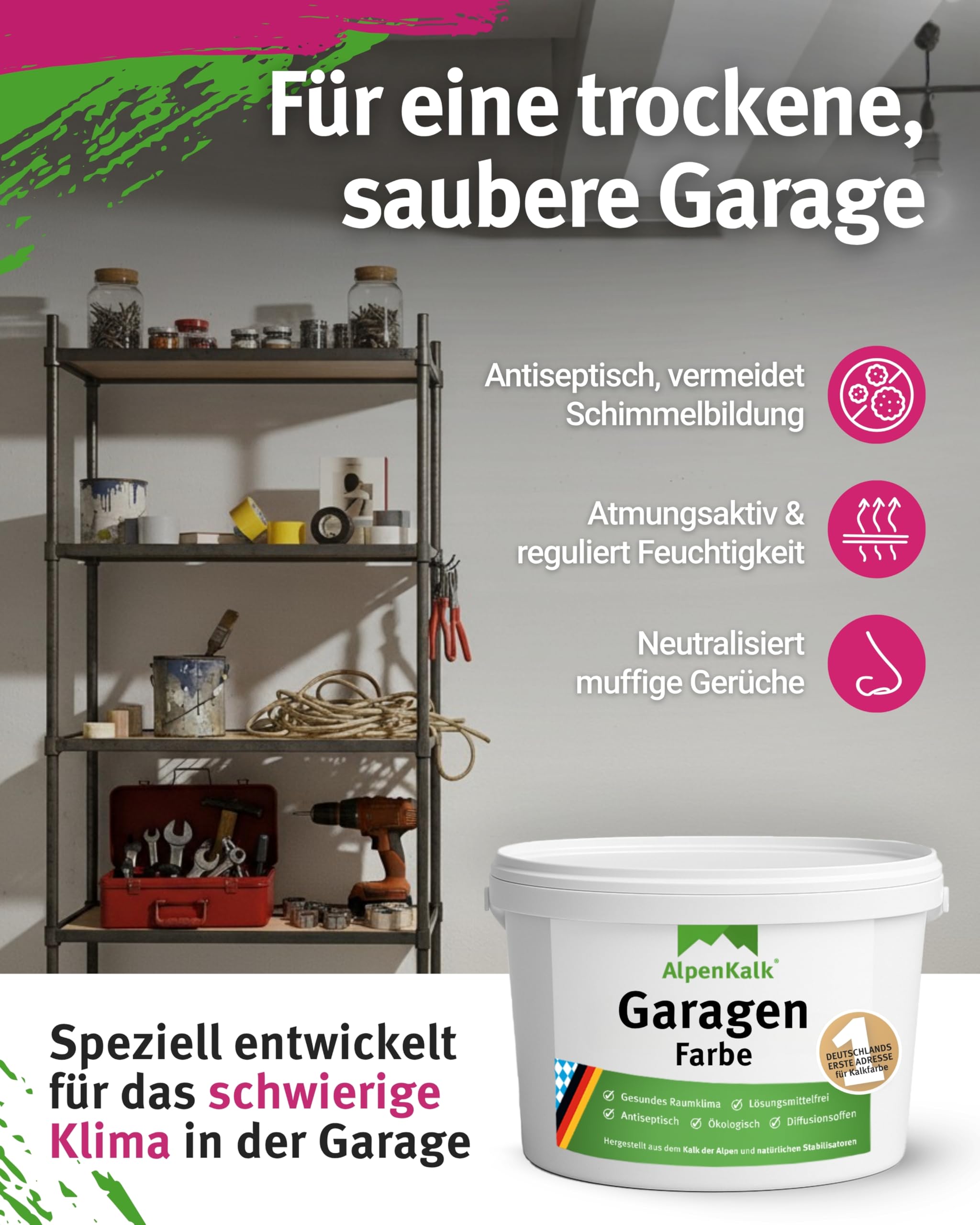 Weiße Garagenfarbe I 14 kg für ca. 70m² I Hochdeckende & wischfeste Kalkfarbe für Garagen I Atmungsaktiv & Anti-Schimmel Formel für ein natürliches Raumklima I Wandfarbe
