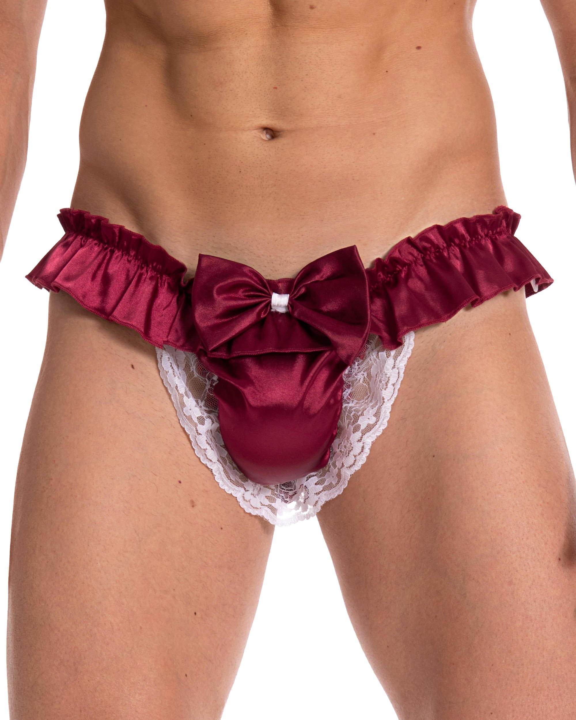 Satini Men's Wine Red Satin Ruffle Bow Thong, Xl