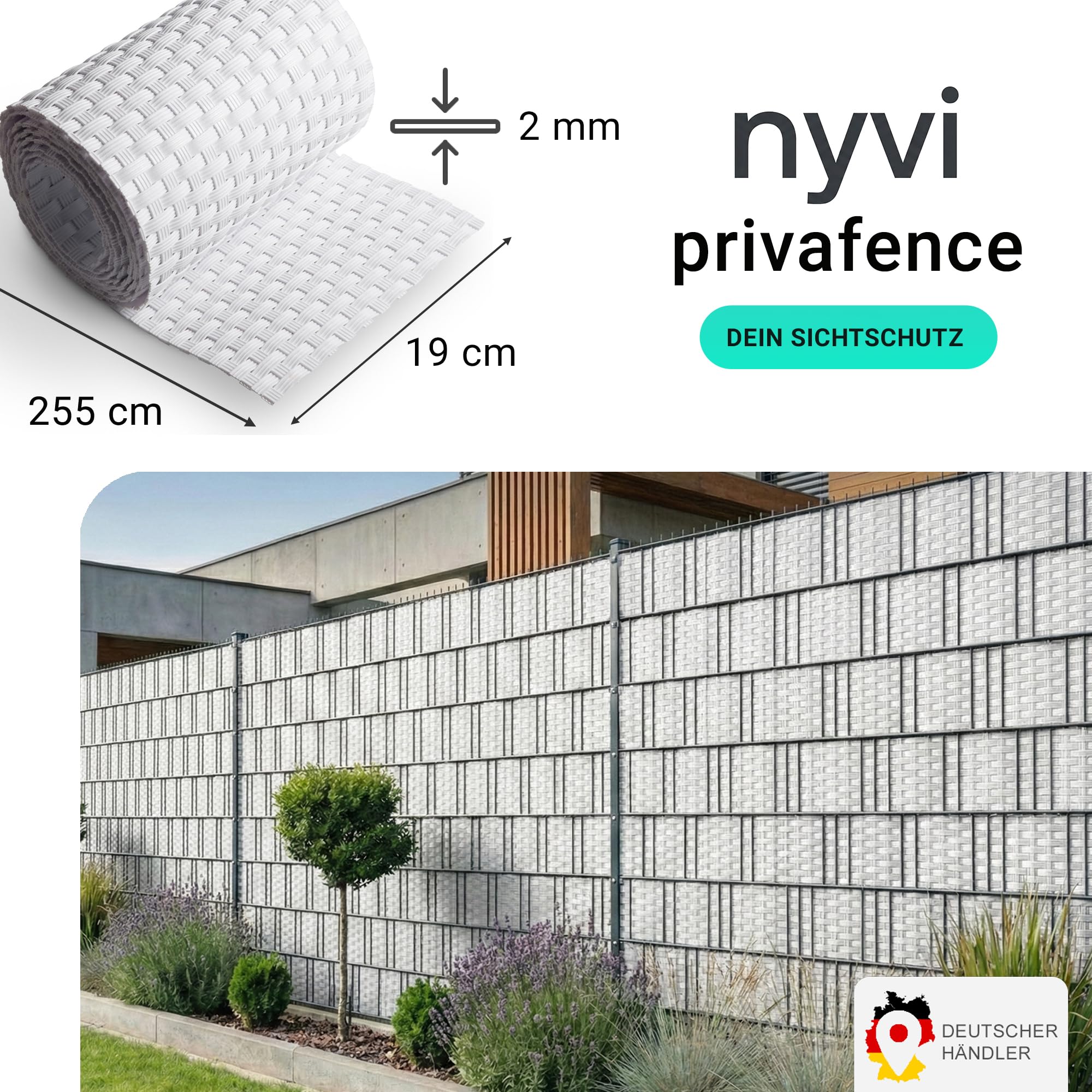 NYVI Polyrattan Sichtschutzstreifen Privafence Weiß 255 x 19 cm 10 Rollen (25,5 Meter) - SPARSETS - Sichtschutz für Doppelstabmatten Zaun - Premium Zaunsichtschutz